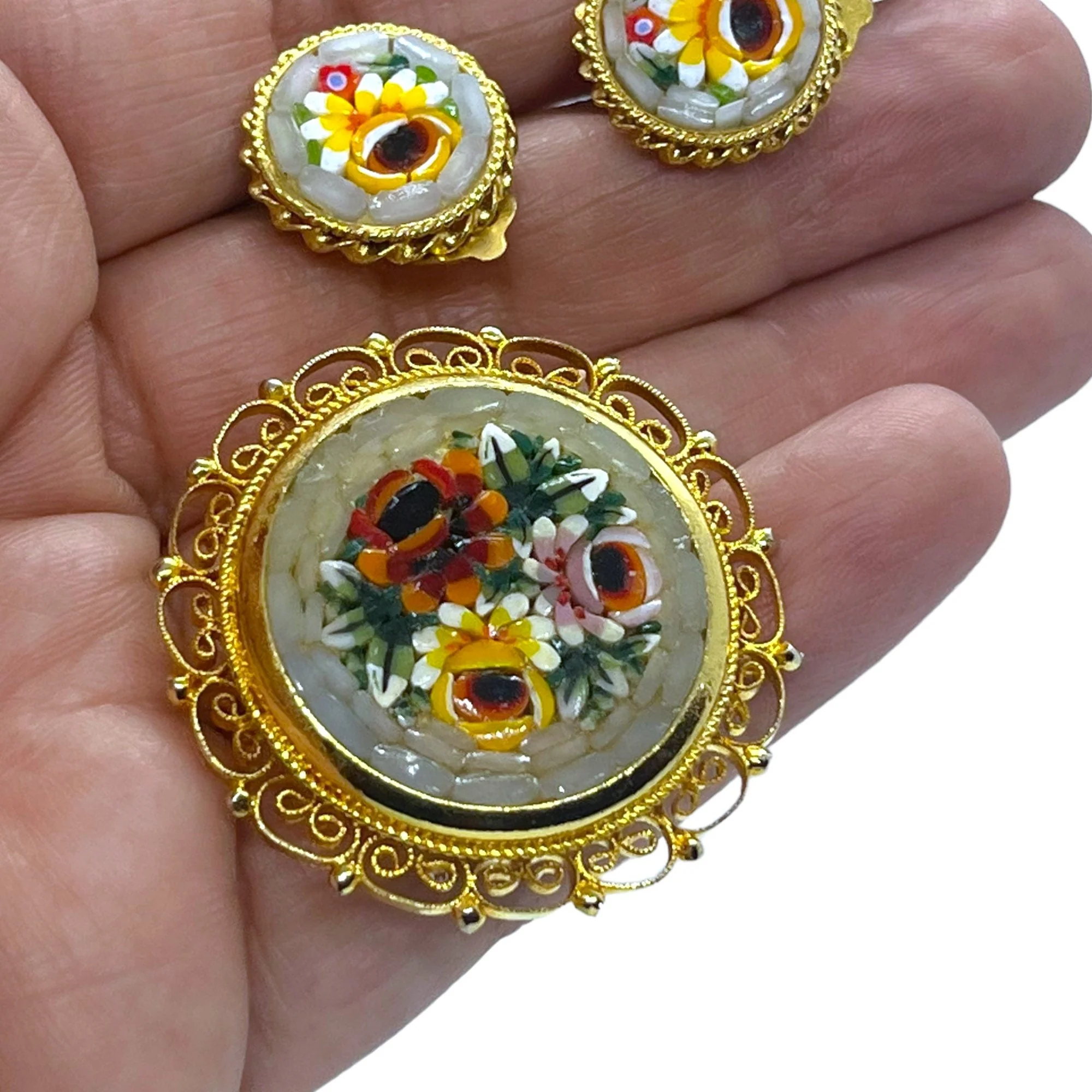 Exquisite Vintage Midcentury Micro Mosaic Set Victorian Revival Brooch Pin Earrings 50s 60s Gold Filigree Gray Floral Roses Jewelry - Image 3
