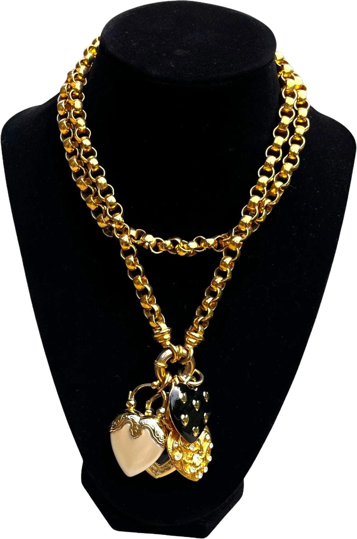 Fab Vintage Joan Rivers Pendant Necklace 80s 90s Chunky Gold Rolo Chain Black Enamel Faux Pearl Antiqued Heart Charms by Joan Rivers