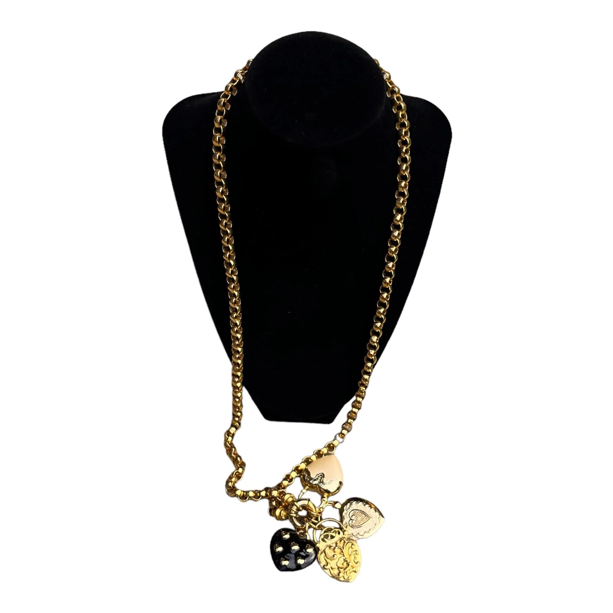 Fab Vintage Joan Rivers Pendant Necklace 80s 90s Chunky Gold Rolo Chain Black Enamel Faux Pearl Antiqued Heart Charms by Joan Rivers - Image 2