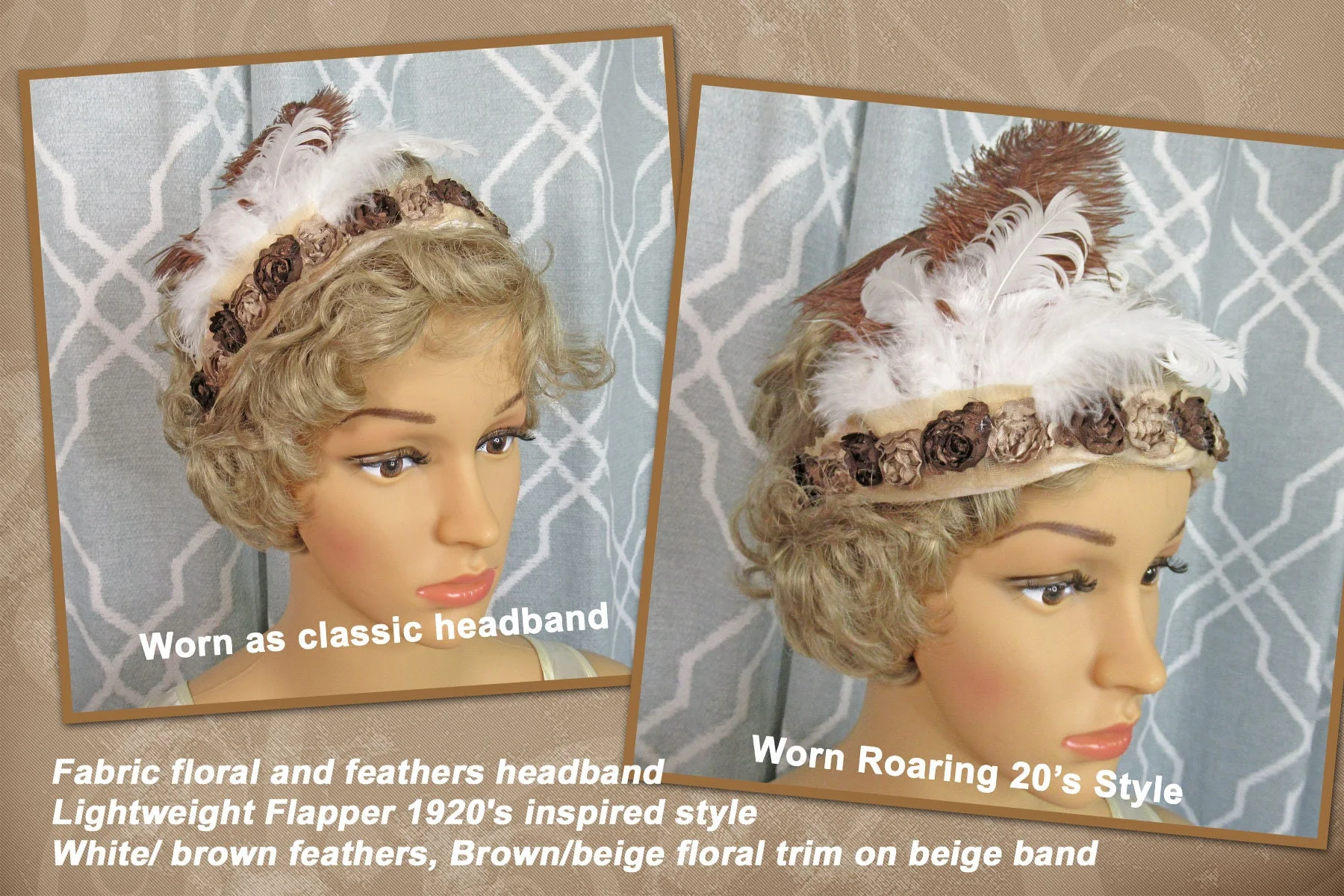 Fabric Floral and Feathers Headband Lightweight Flapper 20s Inspired Style White/ Brown Feathers Brown/beige Floral Trim On Beige Band - Image 2