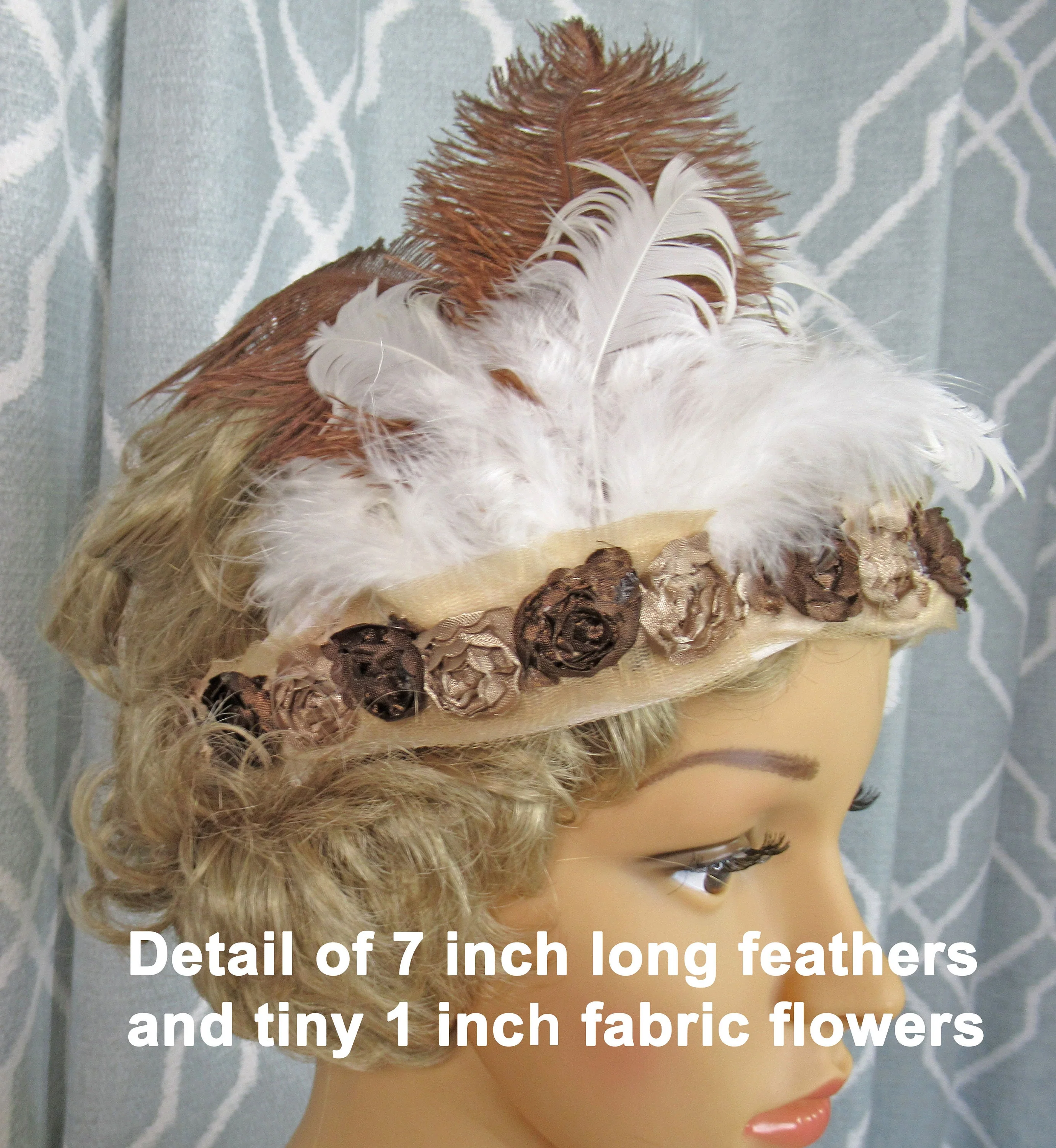 Fabric Floral and Feathers Headband Lightweight Flapper 20s Inspired Style White/ Brown Feathers Brown/beige Floral Trim On Beige Band - Image 3
