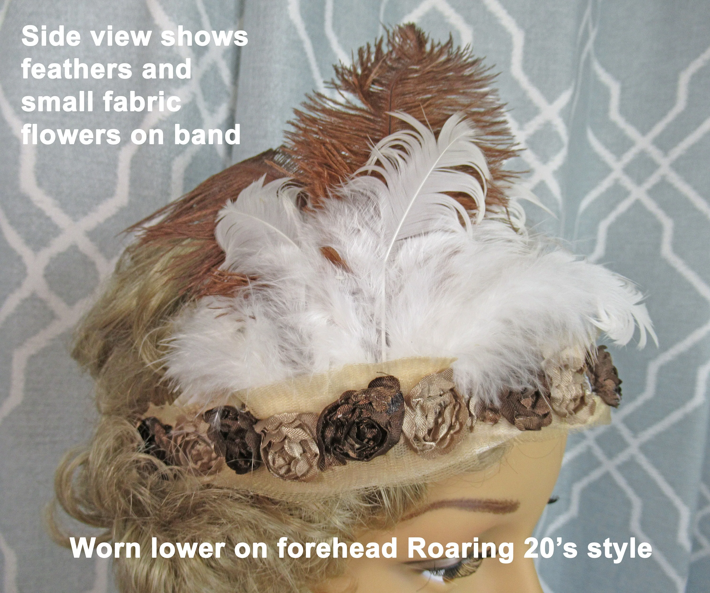 Fabric Floral and Feathers Headband Lightweight Flapper 20s Inspired Style White/ Brown Feathers Brown/beige Floral Trim On Beige Band - Image 6