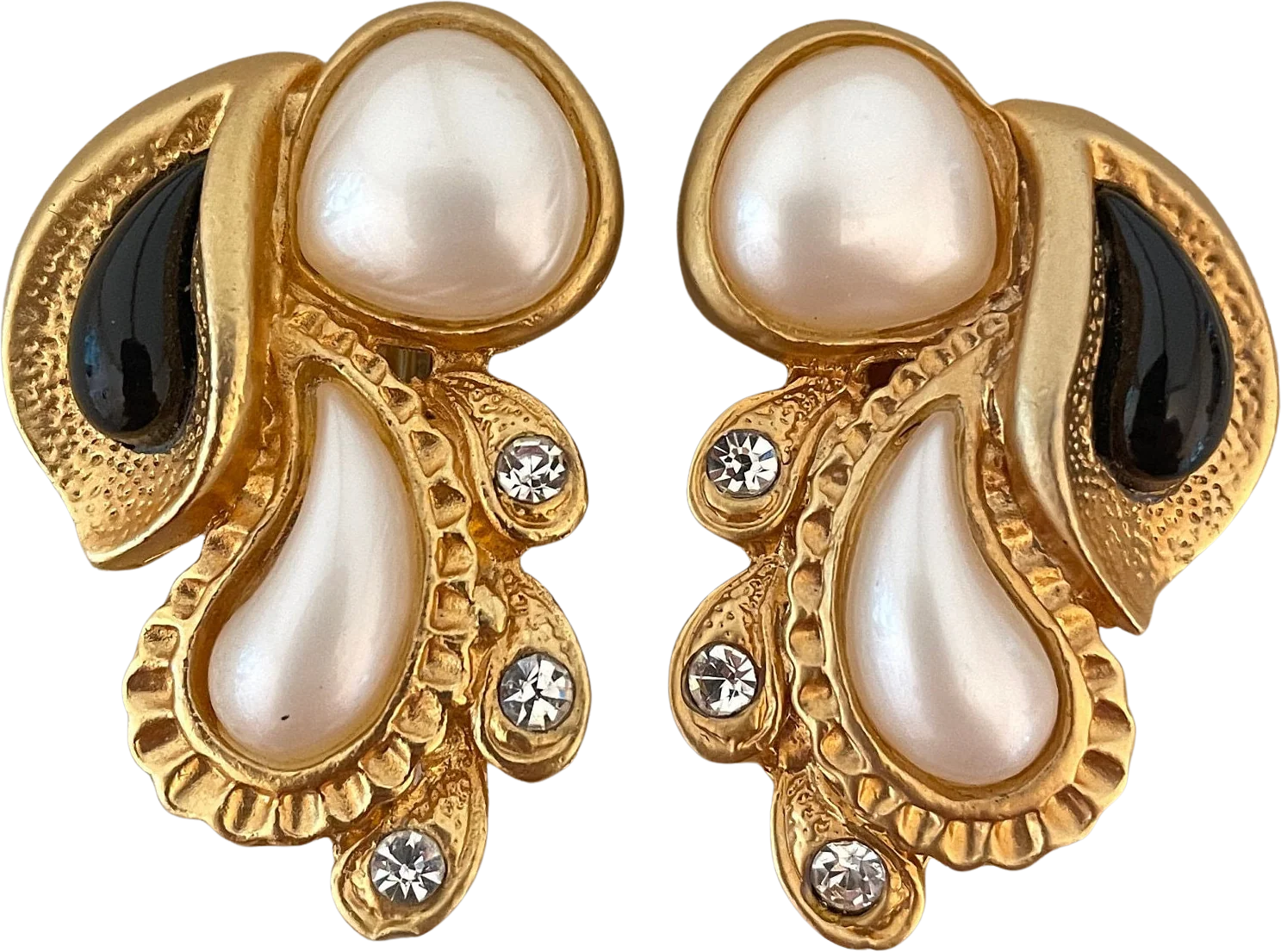 Fabulous Paisley Baroque Pearl Cabochon Clip On Statement Earrings Matte Gold Tone Finish Crystal Accents