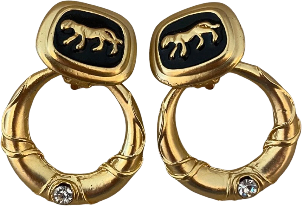 Fabulous Vintage Doorknocker Clip On Statement Earrings with Crystal Accents and Panther Motif