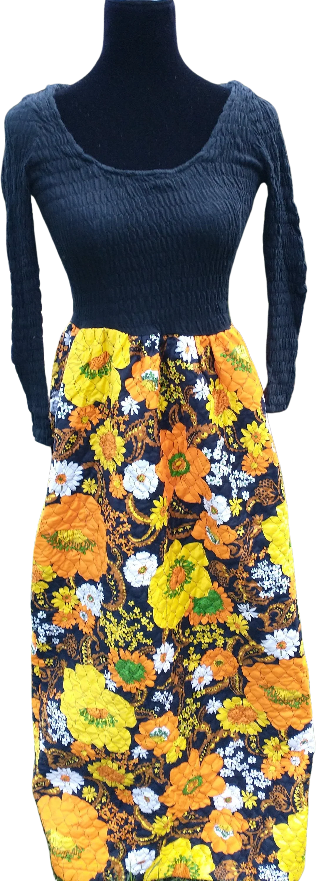 Fall Dress 60s-70s Retro Flower Quilted Maxi Dress Gold Orange Women's Small Thanksgiving Dress by Mary Tyler Moore