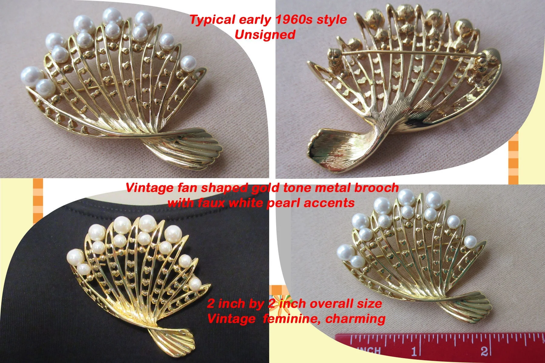 Fan Shaped Brooch Gold Tone Metal Brooch with Faux White Pearl Accents Typical Early 60s Style Vintage - Image 4