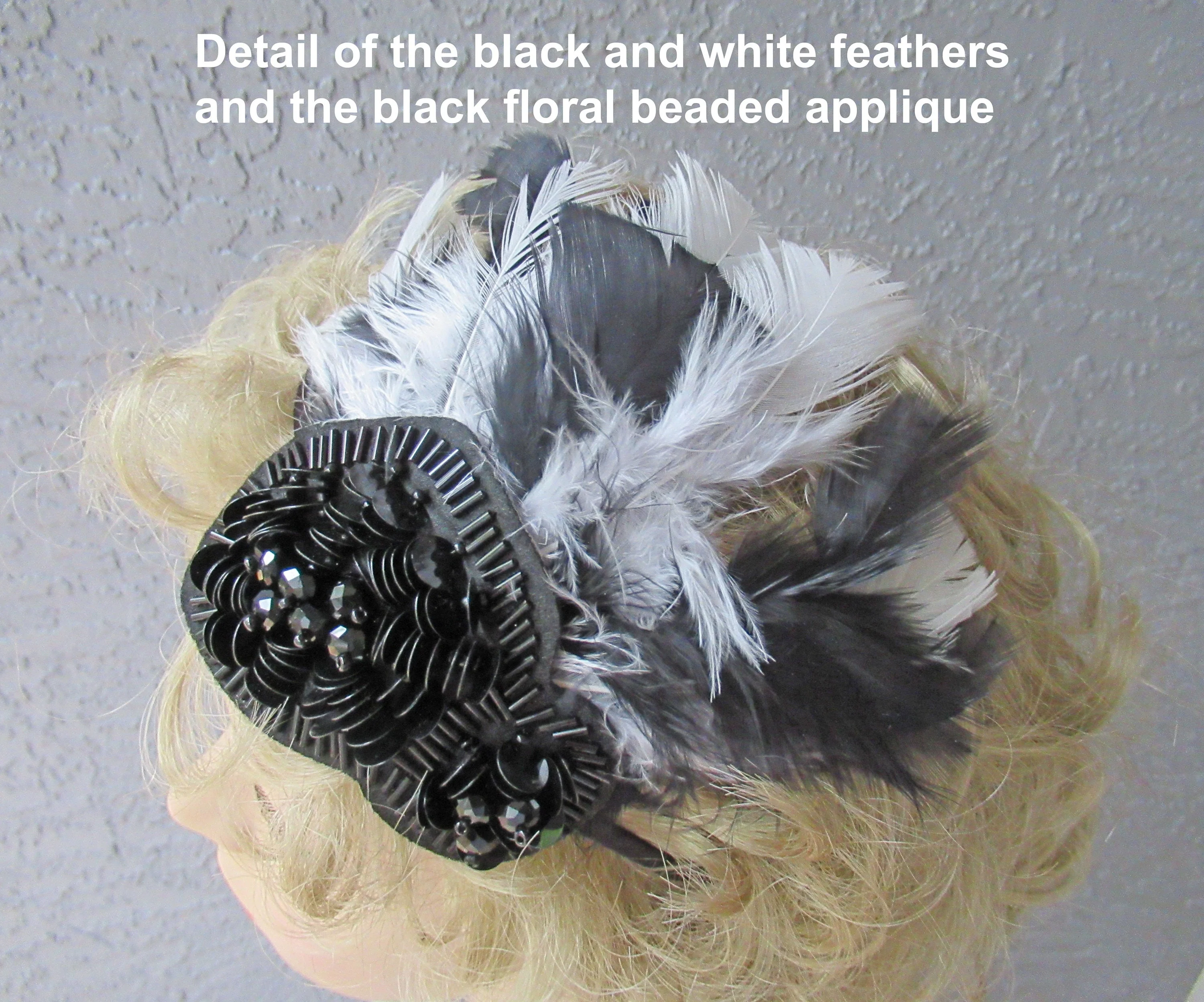 Fascinator / Headband Black Beads Plus Black and White Feathers On Narrow Black Headband 20s Flapper Style for Headband Or On Forehead - Image 4