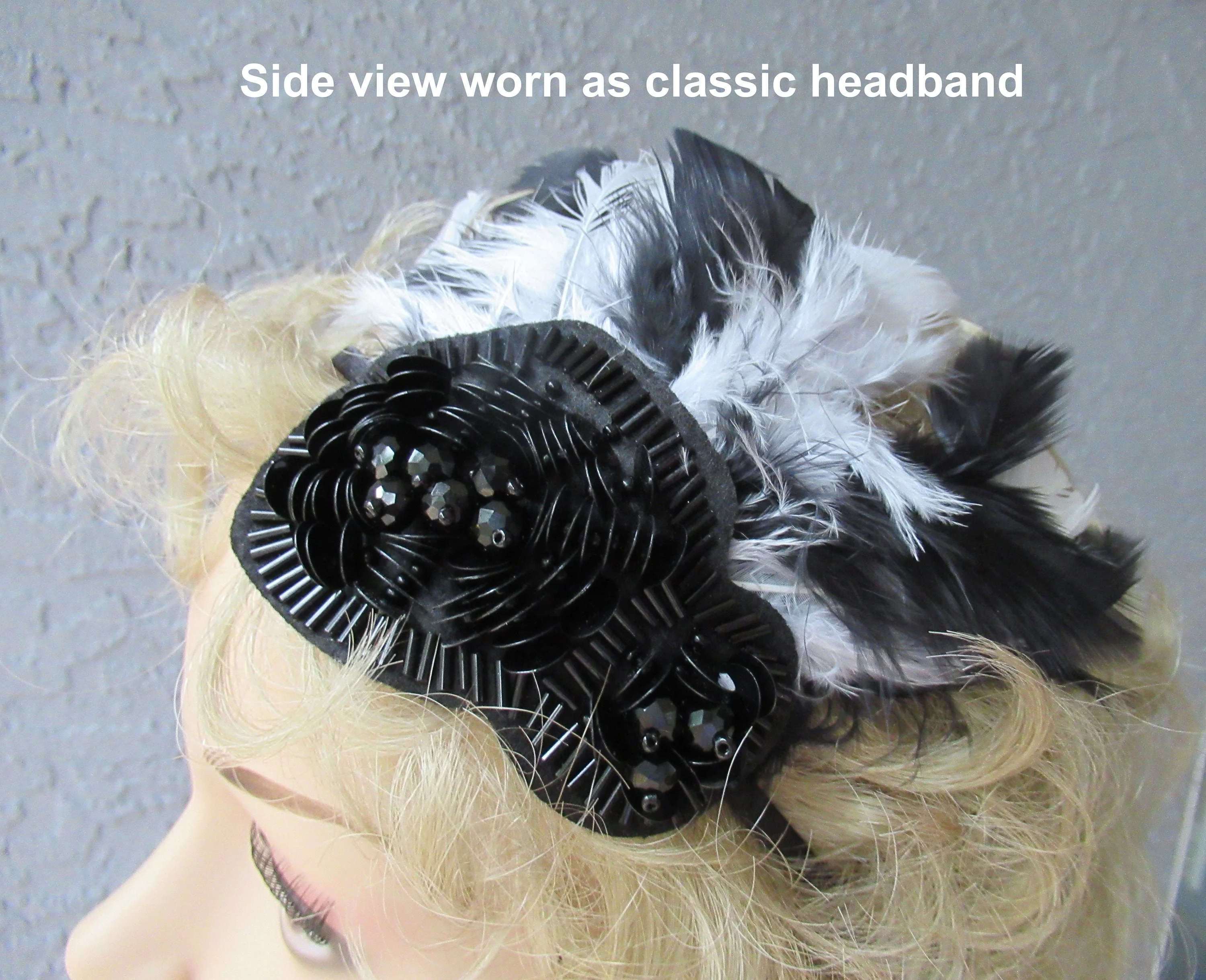 Fascinator / Headband Black Beads Plus Black and White Feathers On Narrow Black Headband 20s Flapper Style for Headband Or On Forehead - Image 5