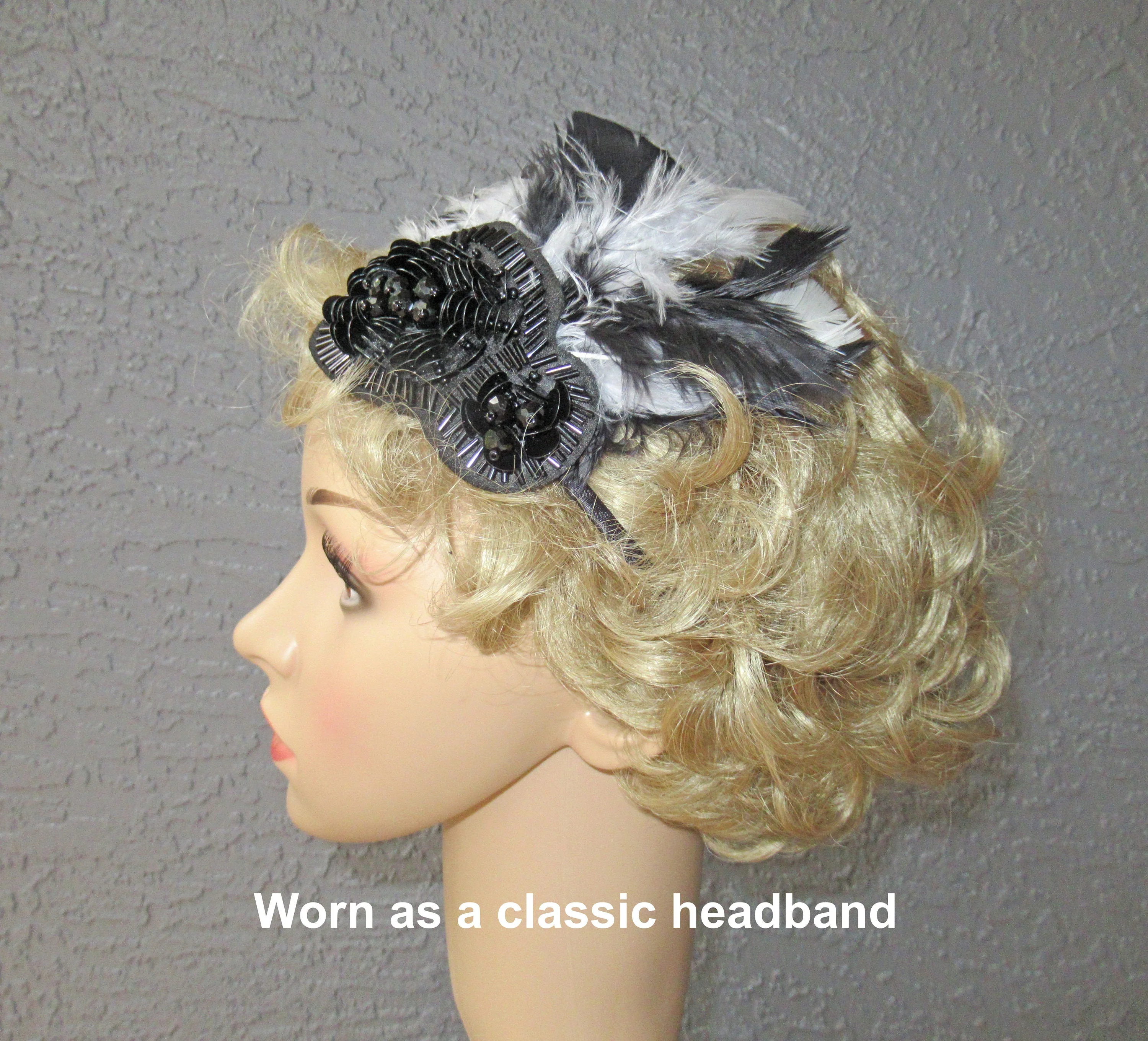 Fascinator / Headband Black Beads Plus Black and White Feathers On Narrow Black Headband 20s Flapper Style for Headband Or On Forehead - Image 7