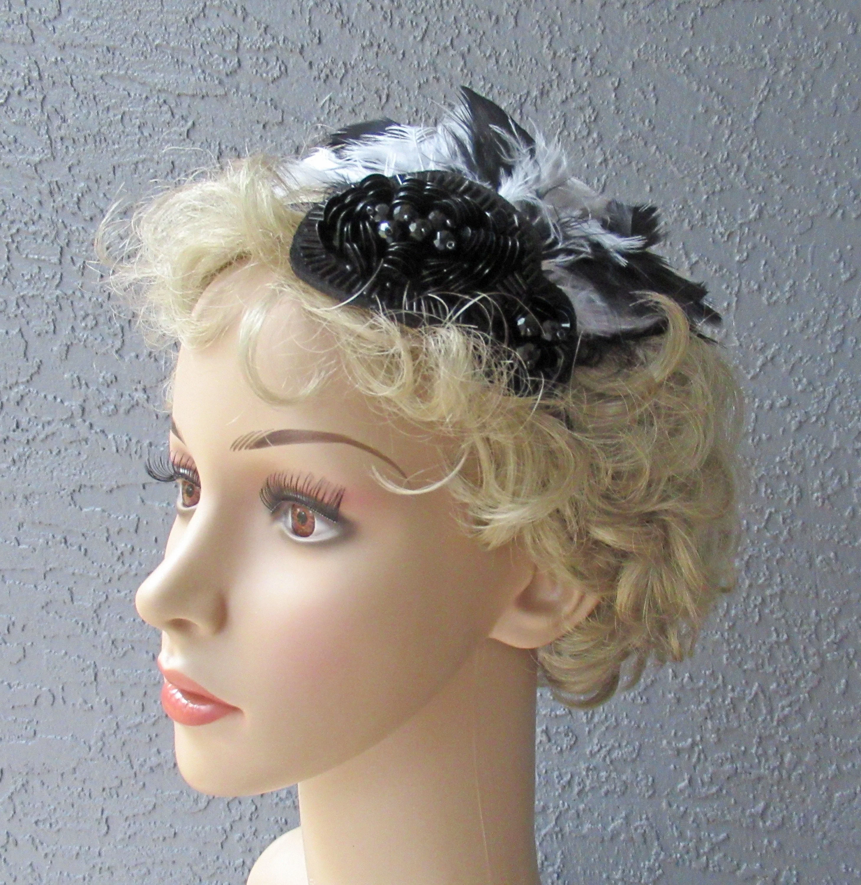 Fascinator / Headband Black Beads Plus Black and White Feathers On Narrow Black Headband 20s Flapper Style for Headband Or On Forehead - Image 9