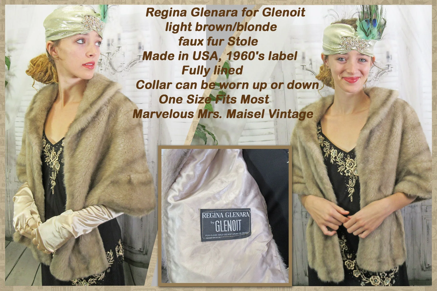 Faux Fur Stole Regina Glenara for Glenoit Light Brownblonde 60s Label Fully Lined Collar Vintage by Glenara For Glenoit - Image 2