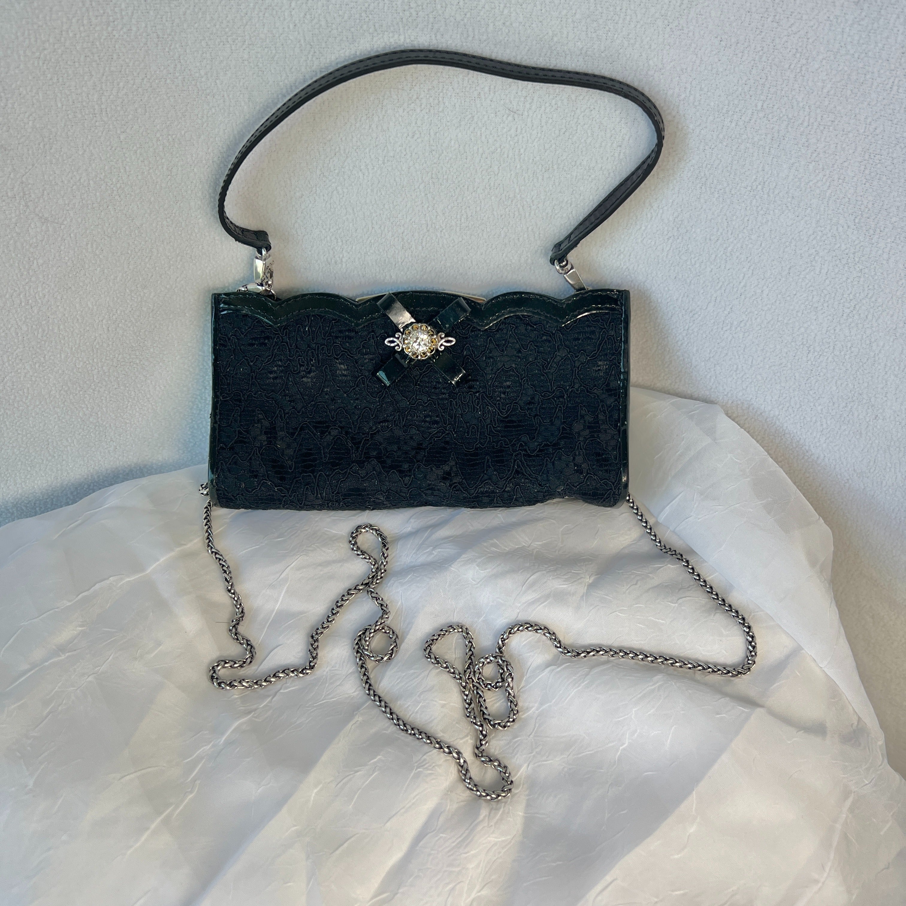Faux Leather and Gemstone Brooch Black Lace Purse by Brighton - Image 7