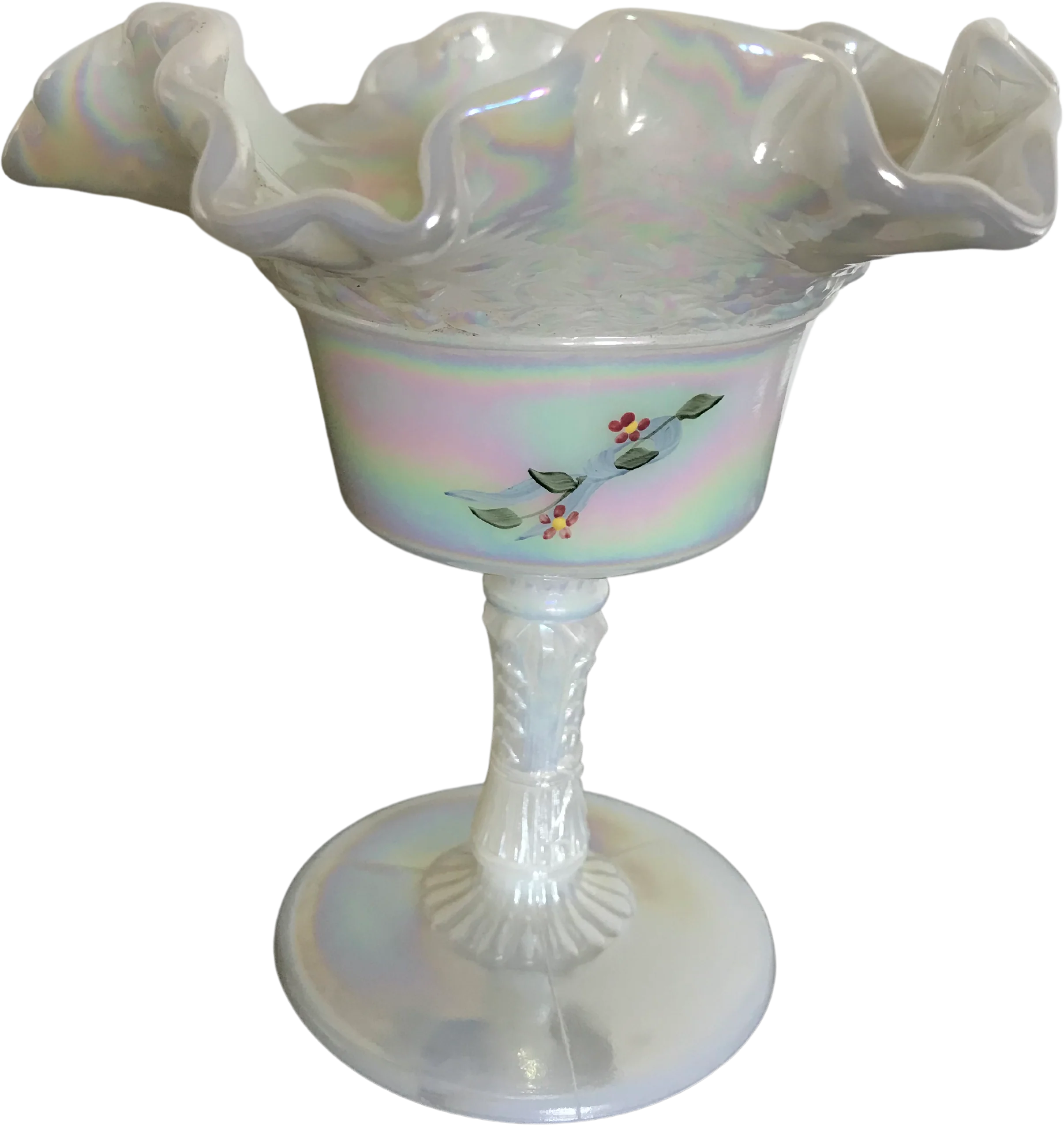 Fenton Label Ruffled White Iridescent Compote By Fenton - Image 2