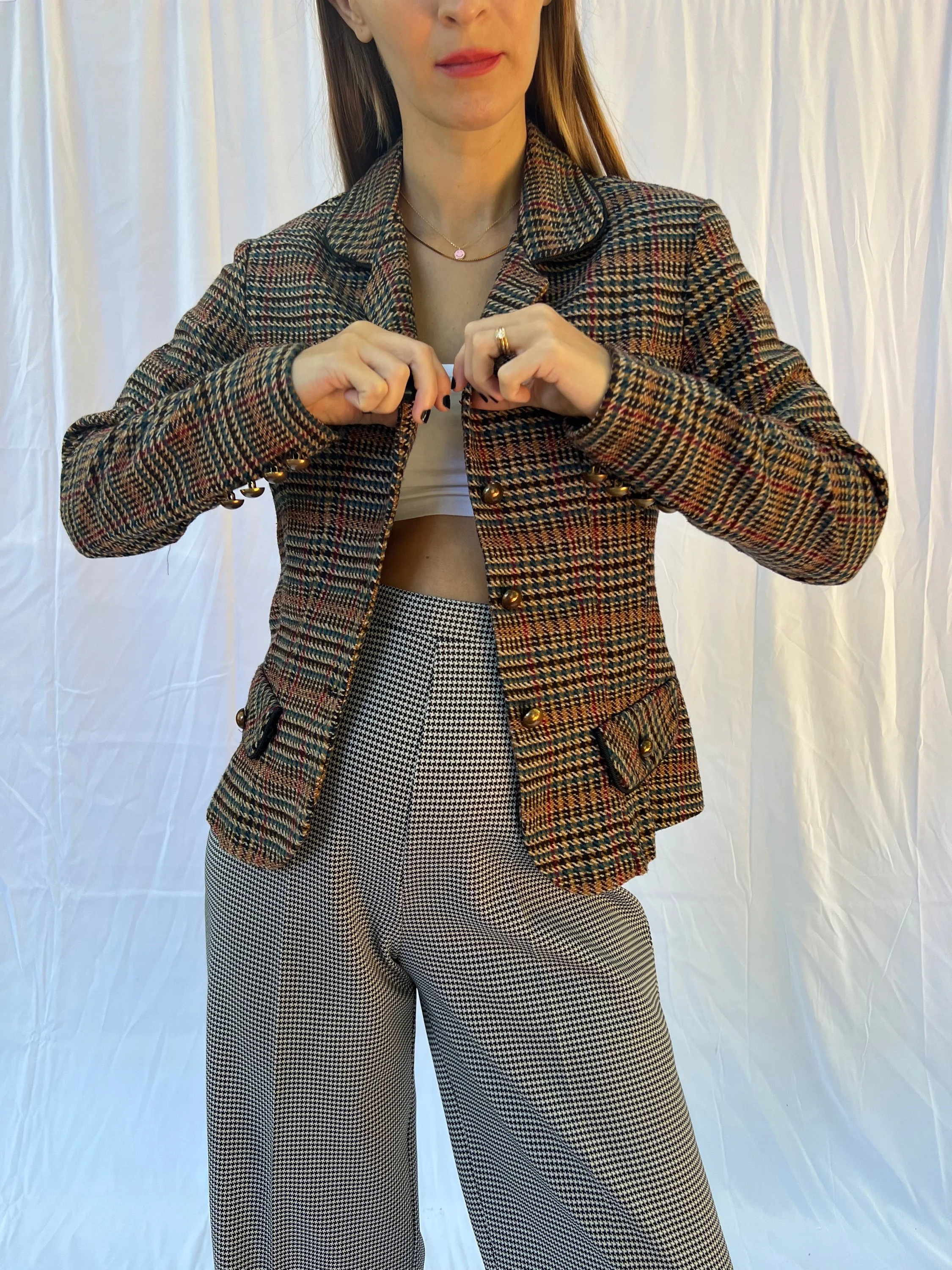 Fitted Houndstooth Blazer Top - Image 3