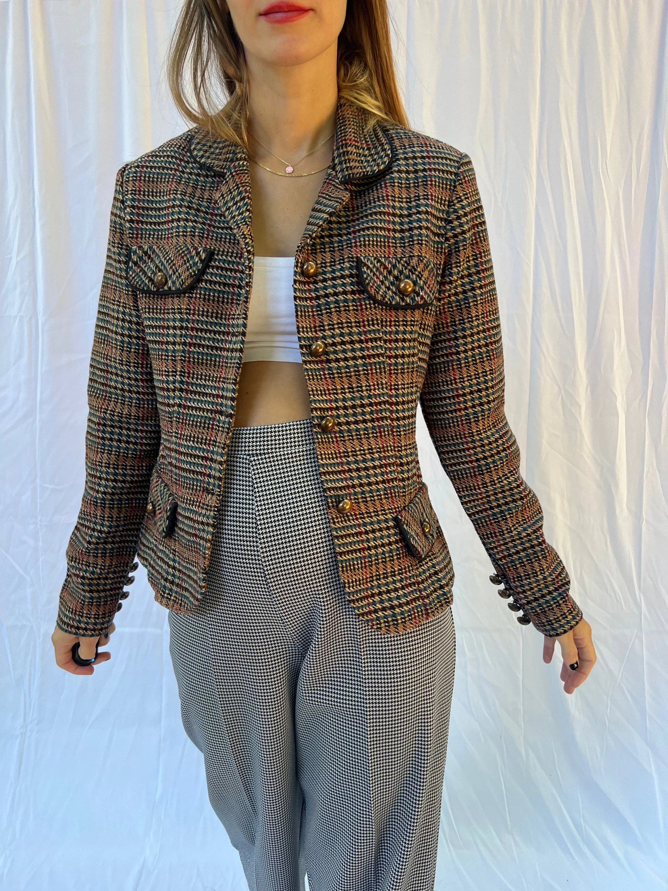 Fitted Houndstooth Blazer Top - Image 4
