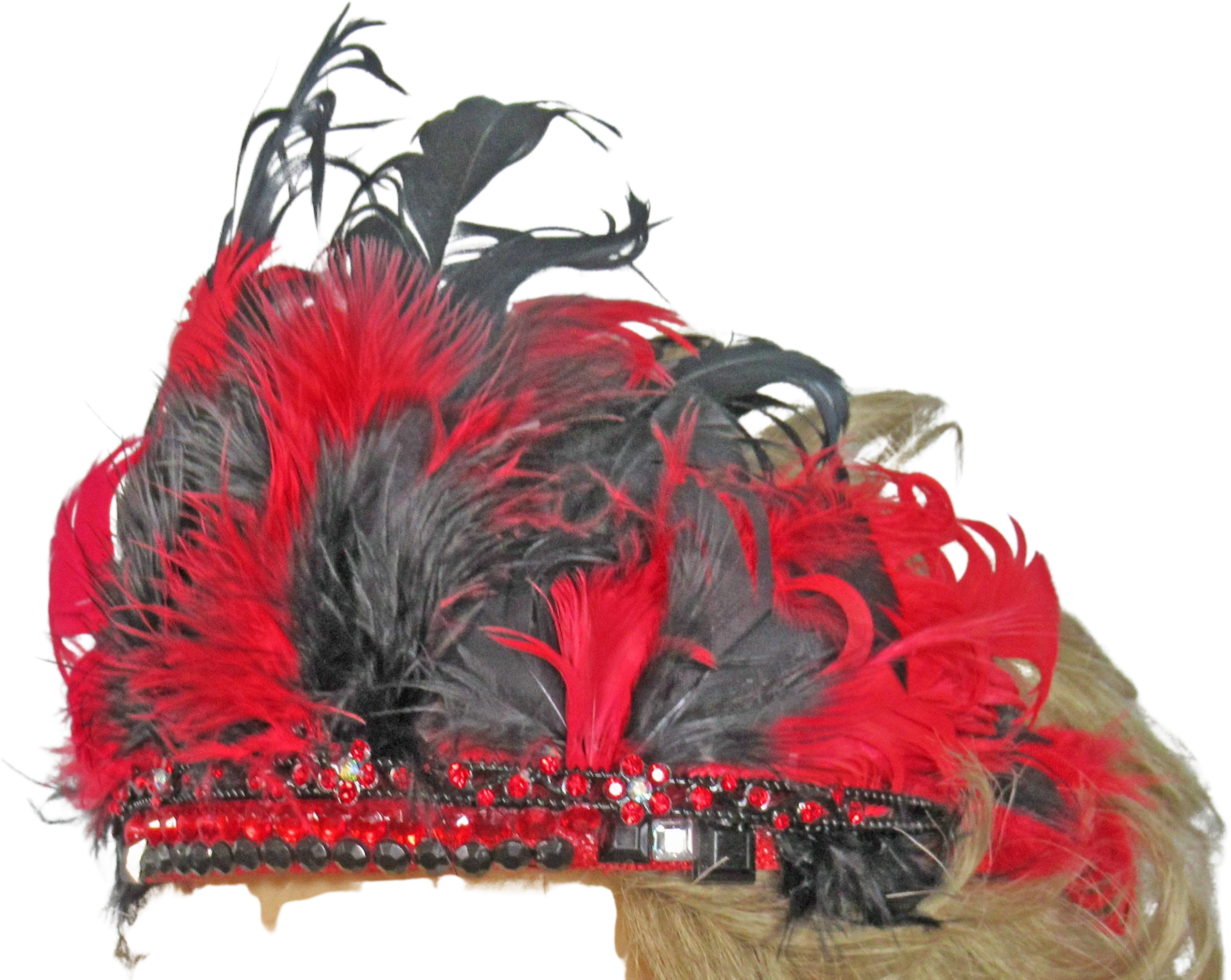 Flapper Inspired Headband Fluffy 5 Inch Tall Feathers Plus Rhinestones, Wear As Headband Or On Forehead, Red and Black Roaring 20s Party