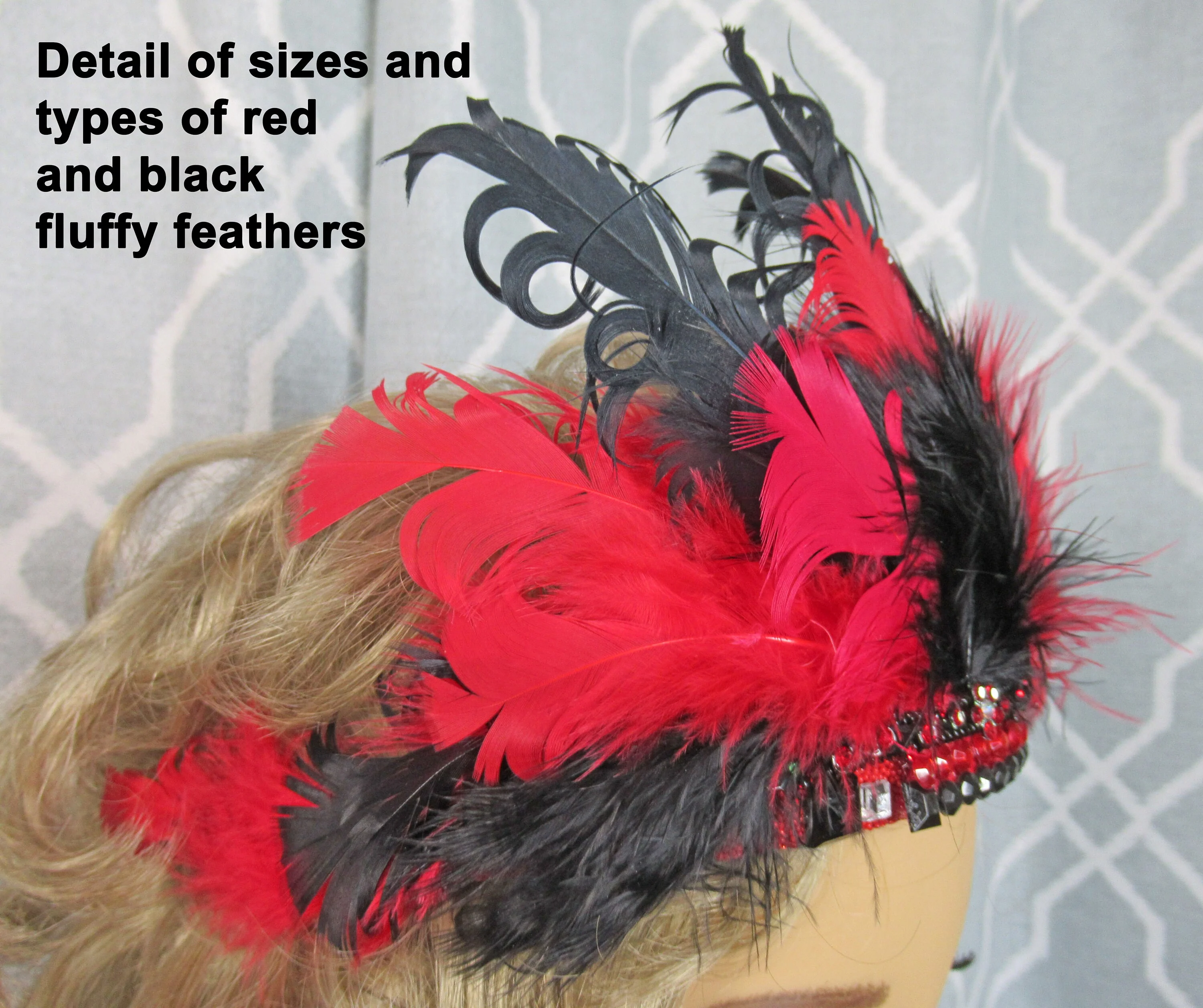 Flapper Inspired Headband Fluffy 5 Inch Tall Feathers Plus Rhinestones, Wear As Headband Or On Forehead, Red and Black Roaring 20s Party - Image 10