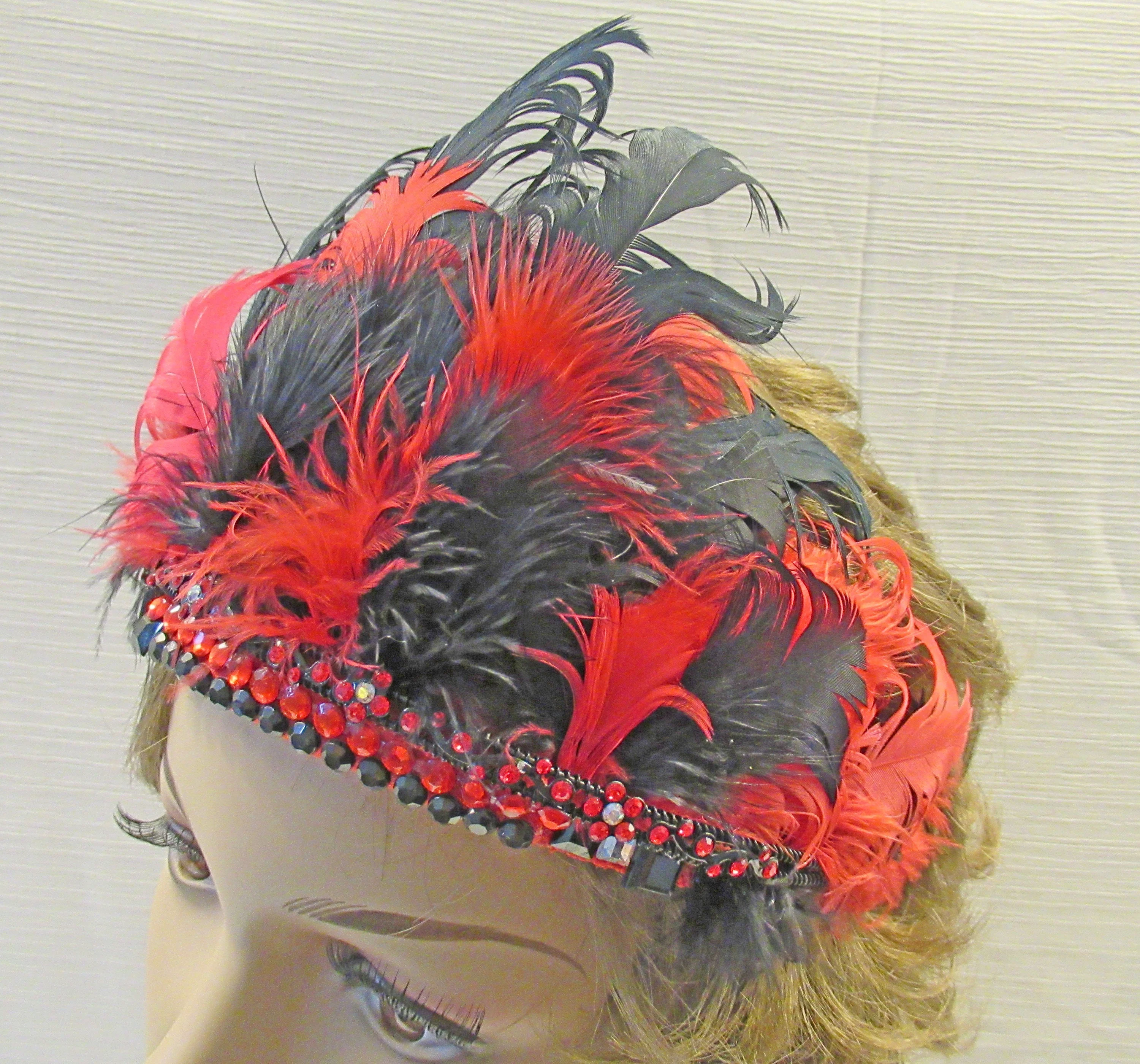 Flapper Inspired Headband Fluffy 5 Inch Tall Feathers Plus Rhinestones, Wear As Headband Or On Forehead, Red and Black Roaring 20s Party - Image 5