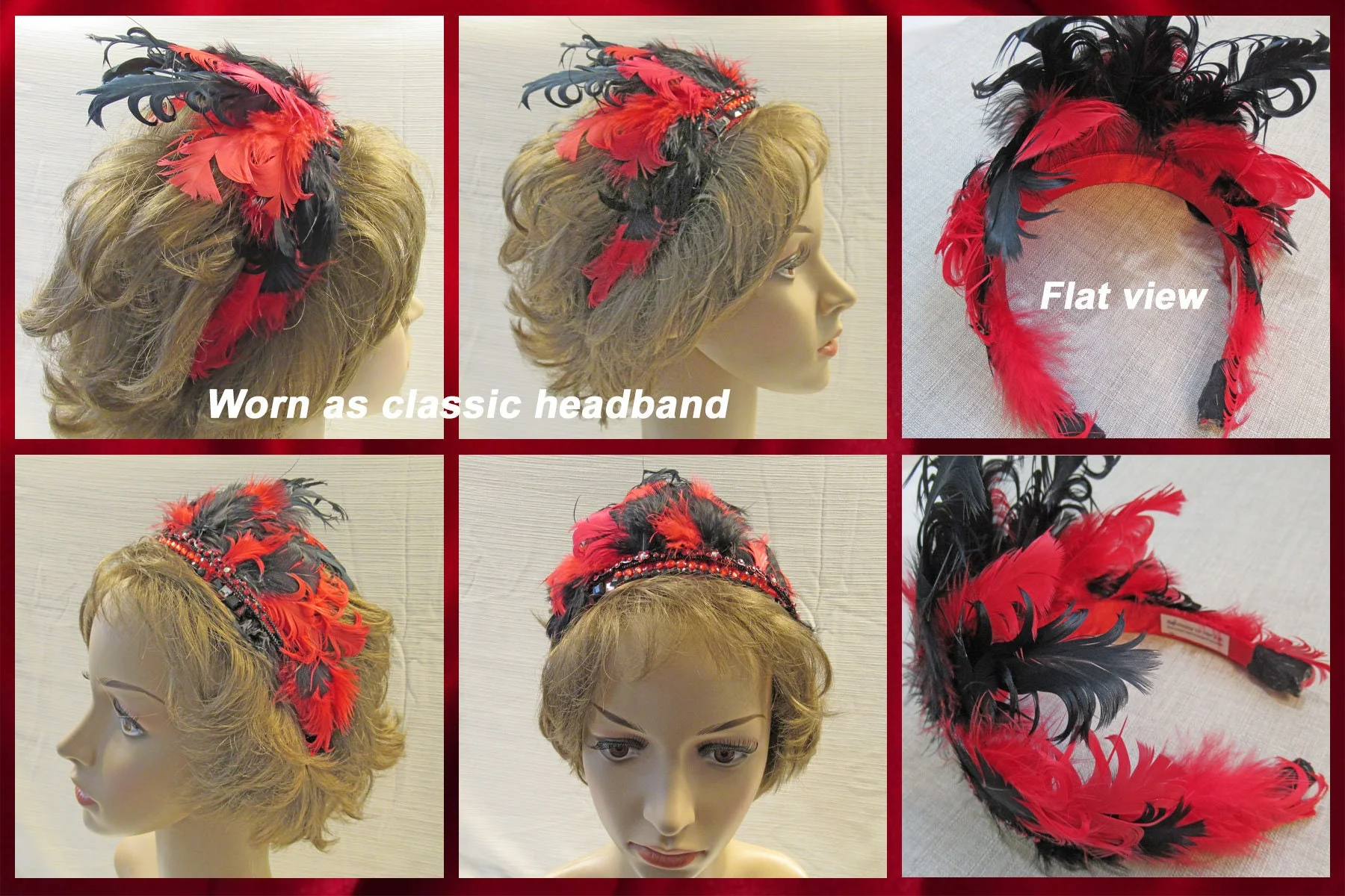 Flapper Inspired Headband Fluffy 5 Inch Tall Feathers Plus Rhinestones, Wear As Headband Or On Forehead, Red and Black Roaring 20s Party - Image 6