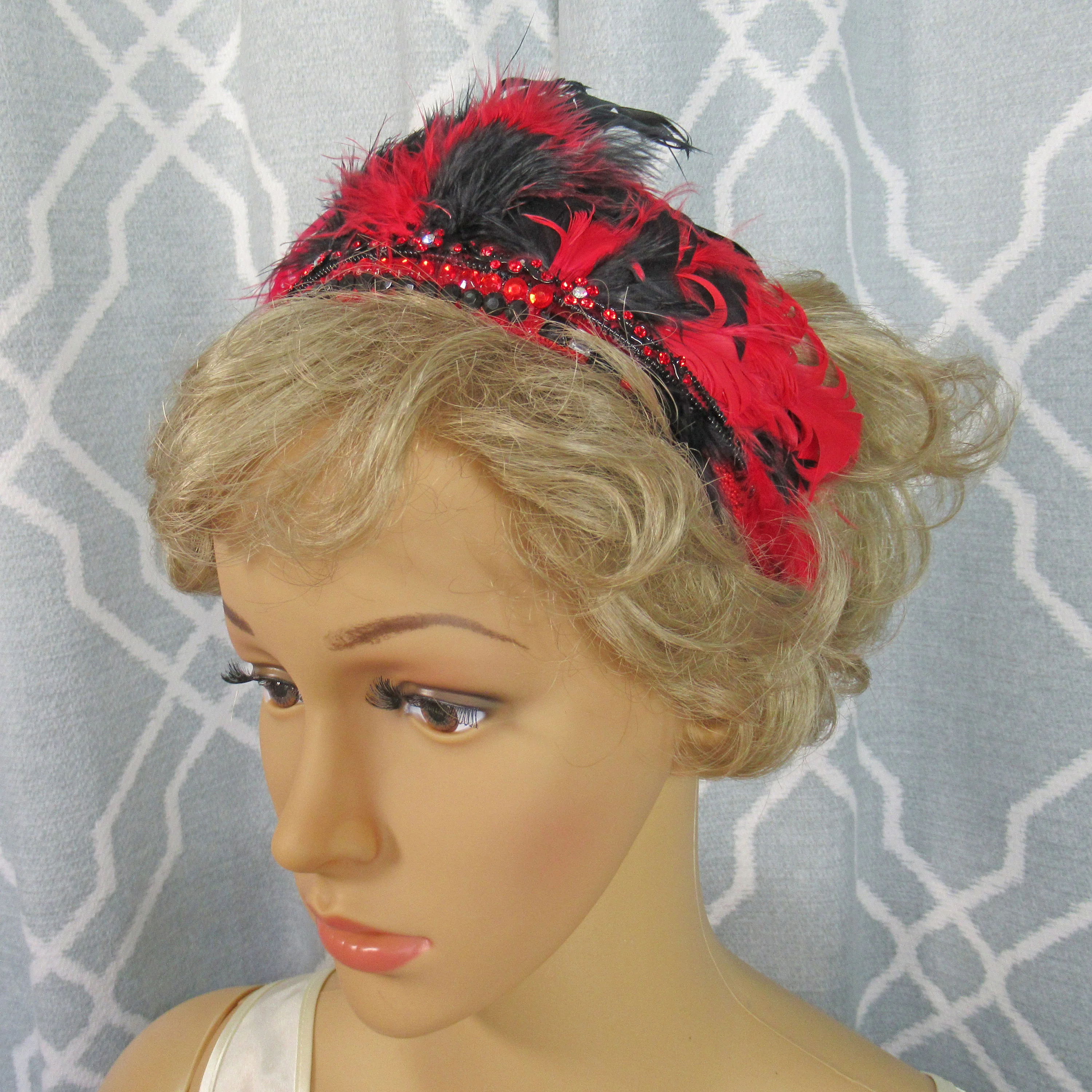Flapper Inspired Headband Fluffy 5 Inch Tall Feathers Plus Rhinestones, Wear As Headband Or On Forehead, Red and Black Roaring 20s Party - Image 8