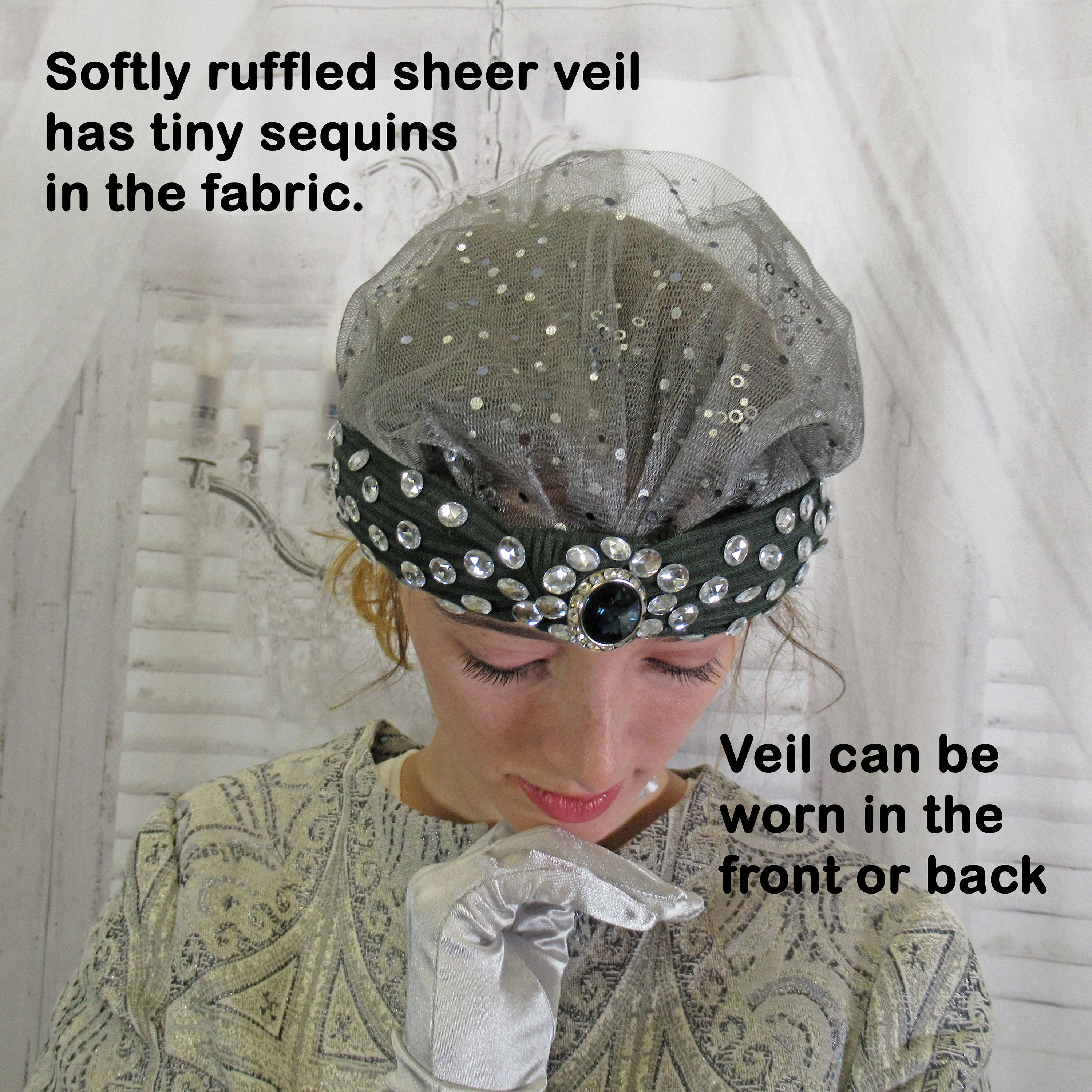 Flapper Inspired Headpiece with Gray Softly Ruffled Short Veil Plus Clear Rhinestones Black Fabric Band Classic Headband - Image 10