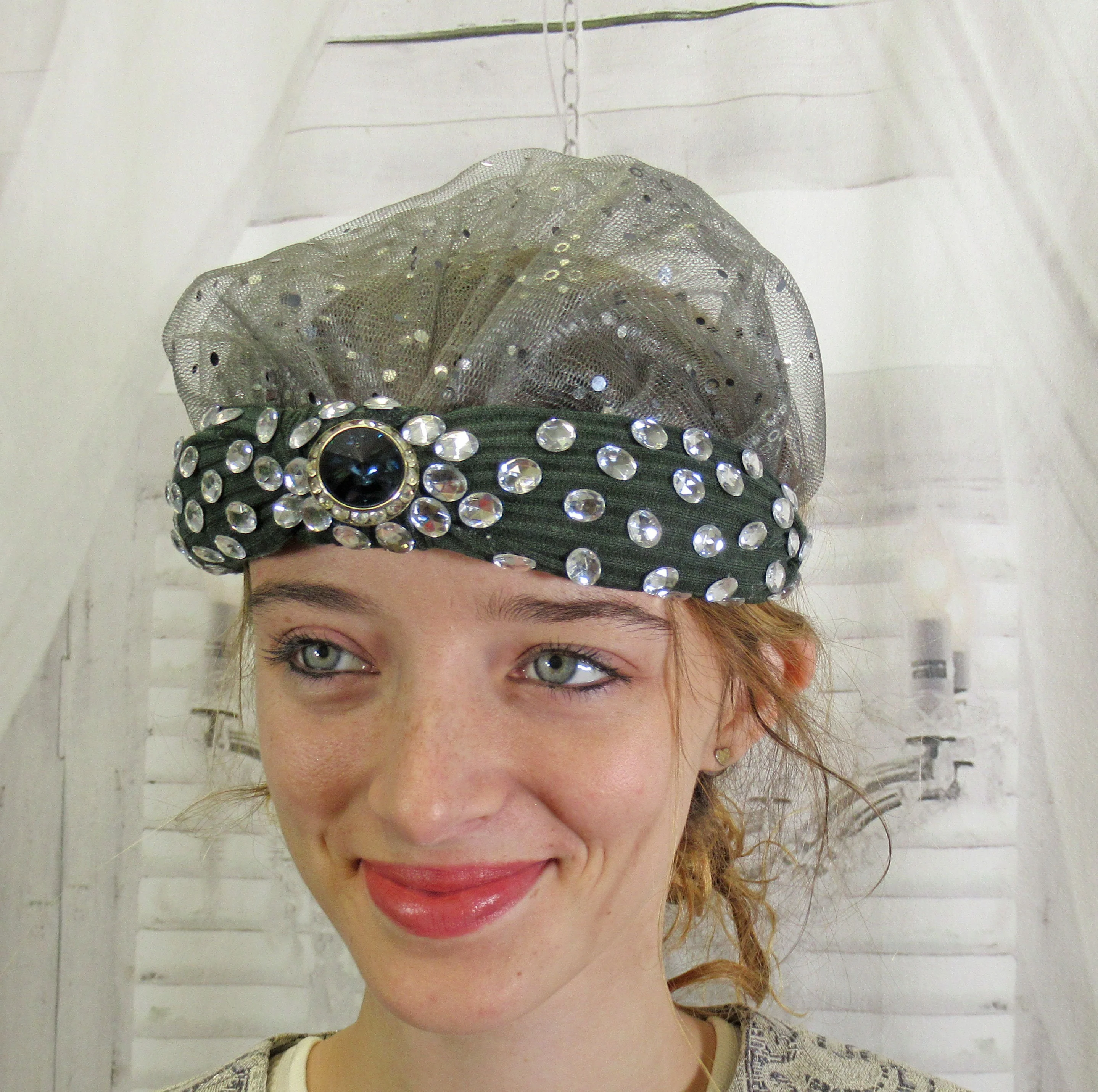 Flapper Inspired Headpiece with Gray Softly Ruffled Short Veil Plus Clear Rhinestones Black Fabric Band Classic Headband - Image 11