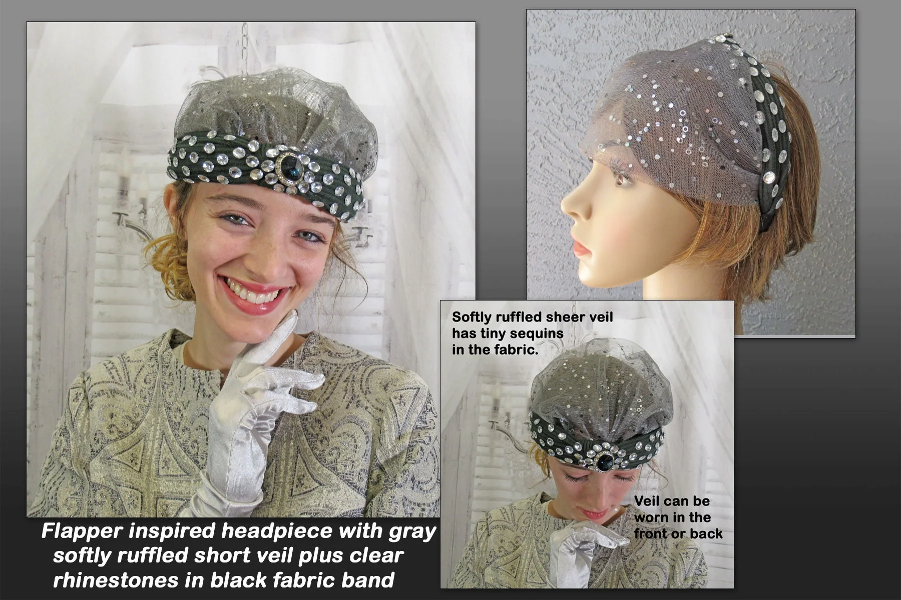 Flapper Inspired Headpiece with Gray Softly Ruffled Short Veil Plus Clear Rhinestones Black Fabric Band Classic Headband - Image 2