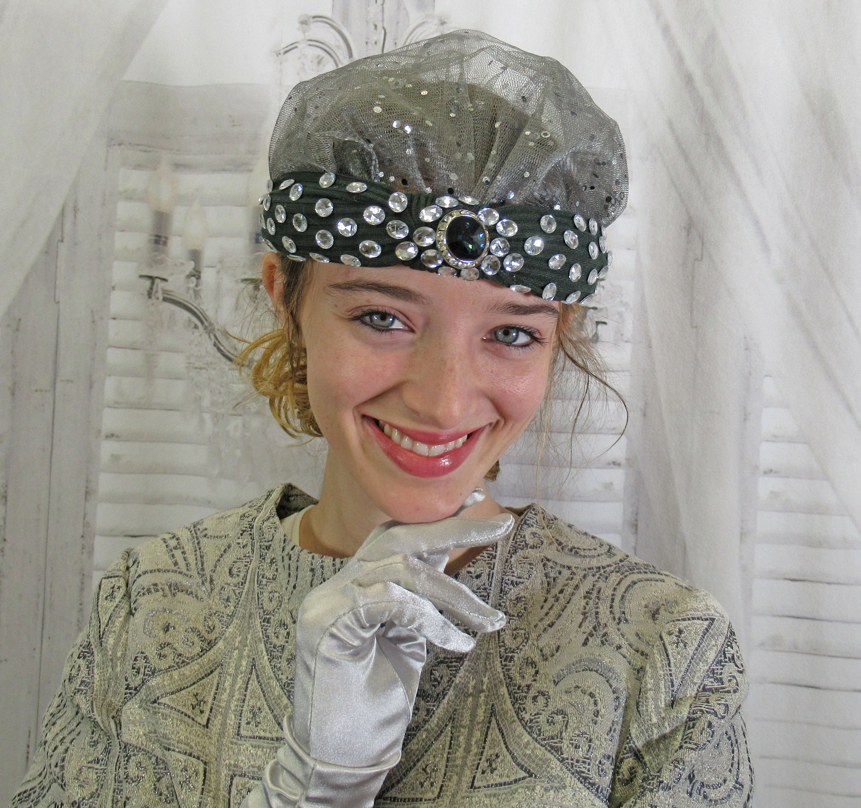 Flapper Inspired Headpiece with Gray Softly Ruffled Short Veil Plus Clear Rhinestones Black Fabric Band Classic Headband - Image 9