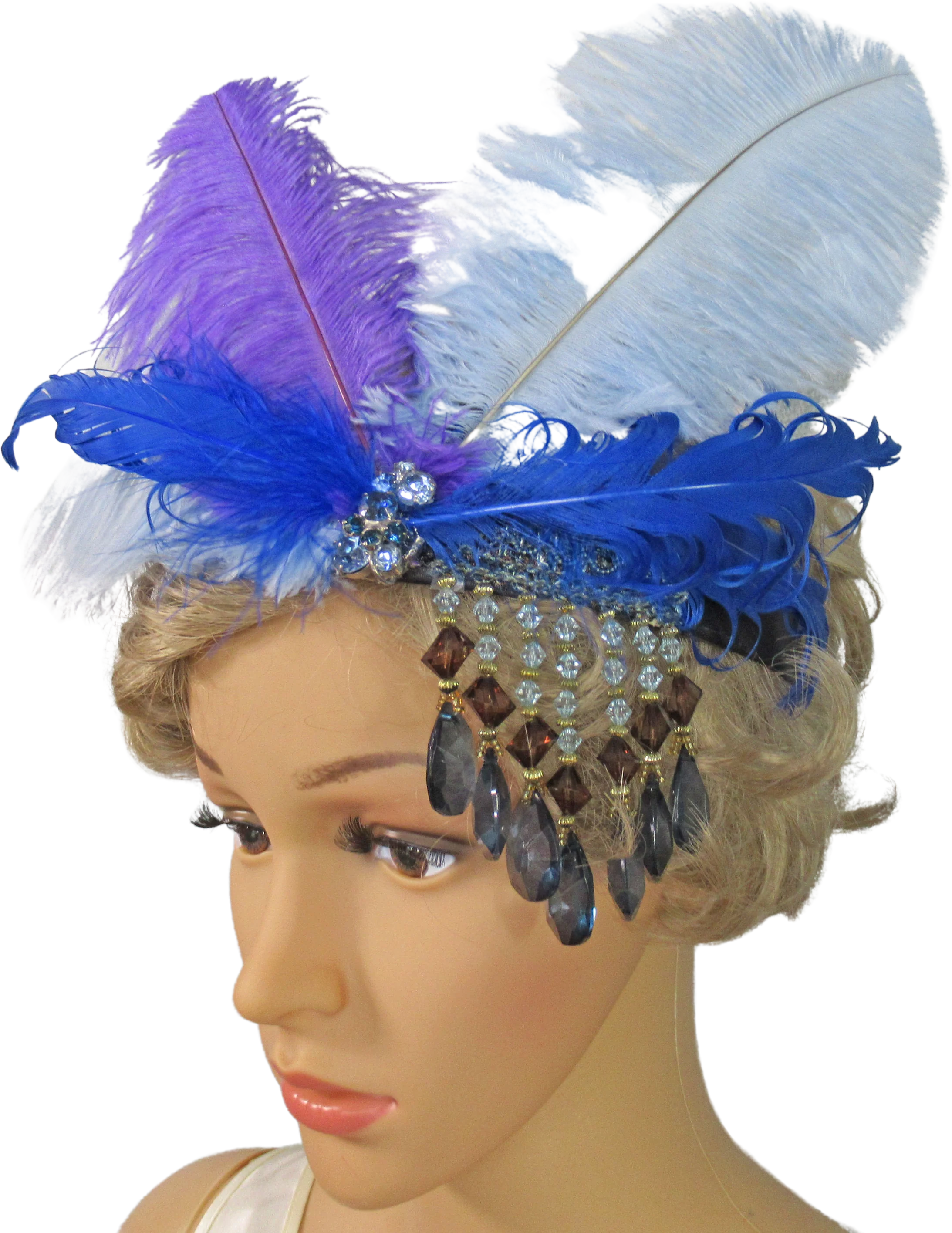 Flapper Style Headband with Dangling Strands of Beads On Left Side Top of Dark and Light Blue Purple Feathers 20s Inspired Glam Headpiece