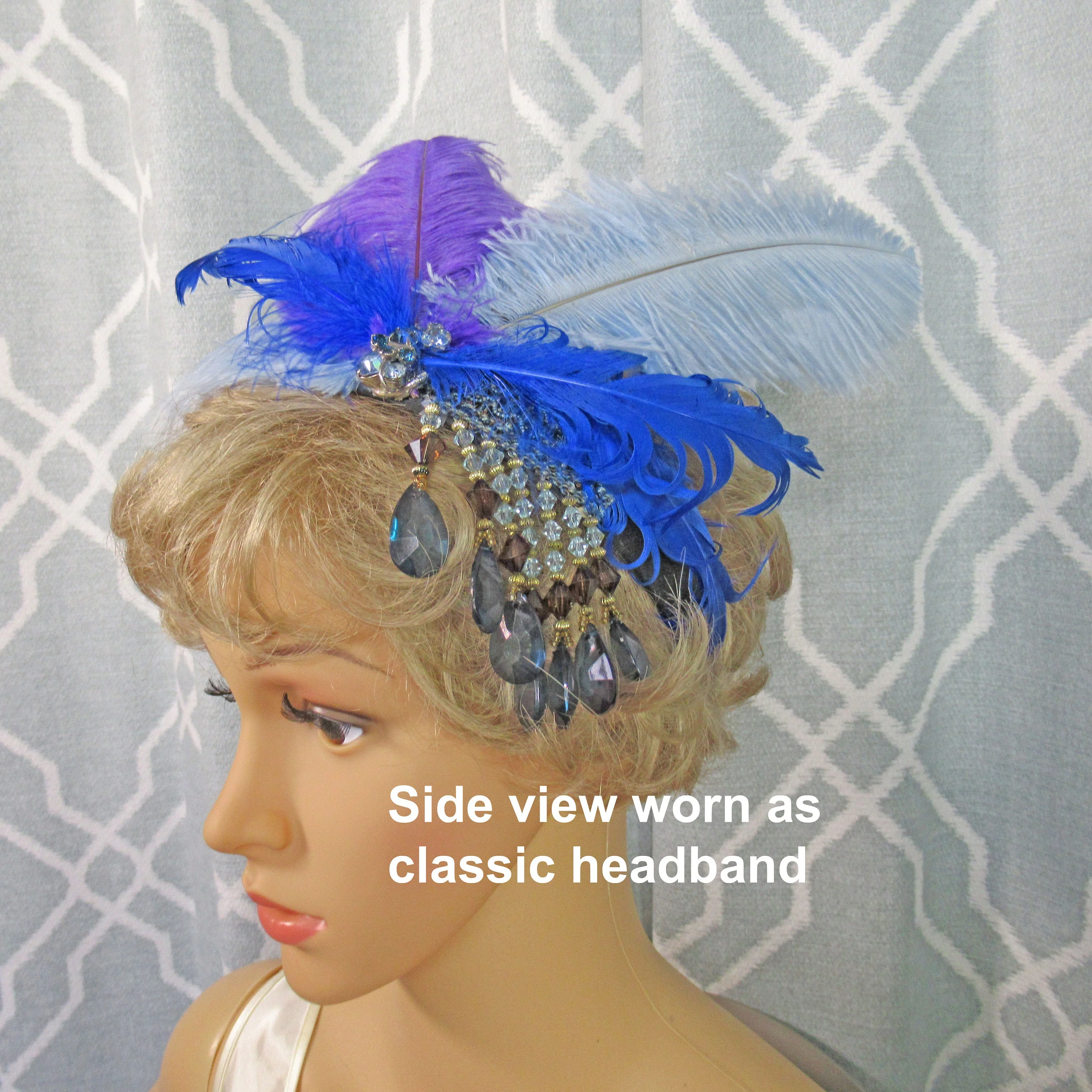 Flapper Style Headband with Dangling Strands of Beads On Left Side Top of Dark and Light Blue Purple Feathers 20s Inspired Glam Headpiece - Image 10