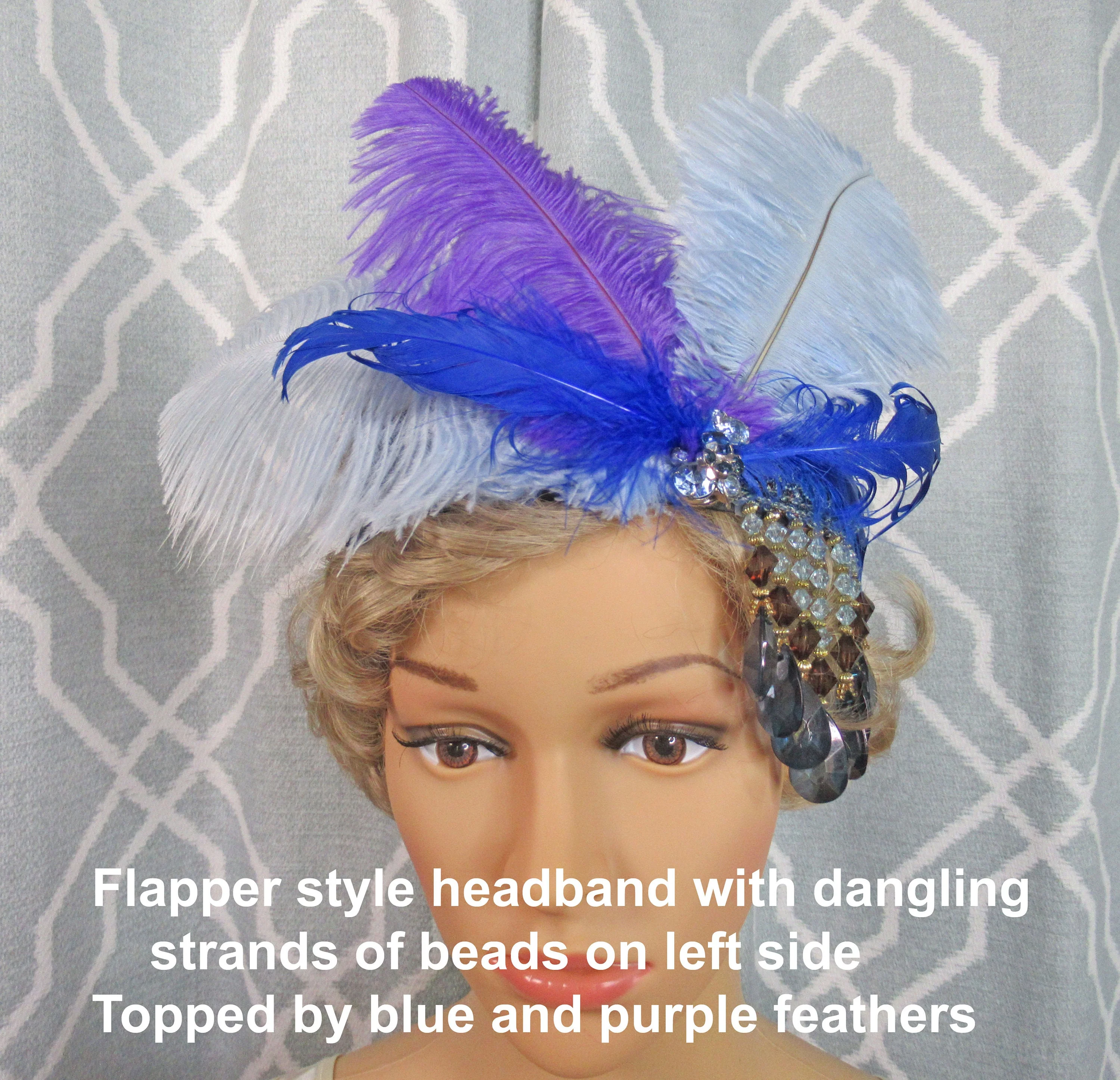 Flapper Style Headband with Dangling Strands of Beads On Left Side Top of Dark and Light Blue Purple Feathers 20s Inspired Glam Headpiece - Image 5