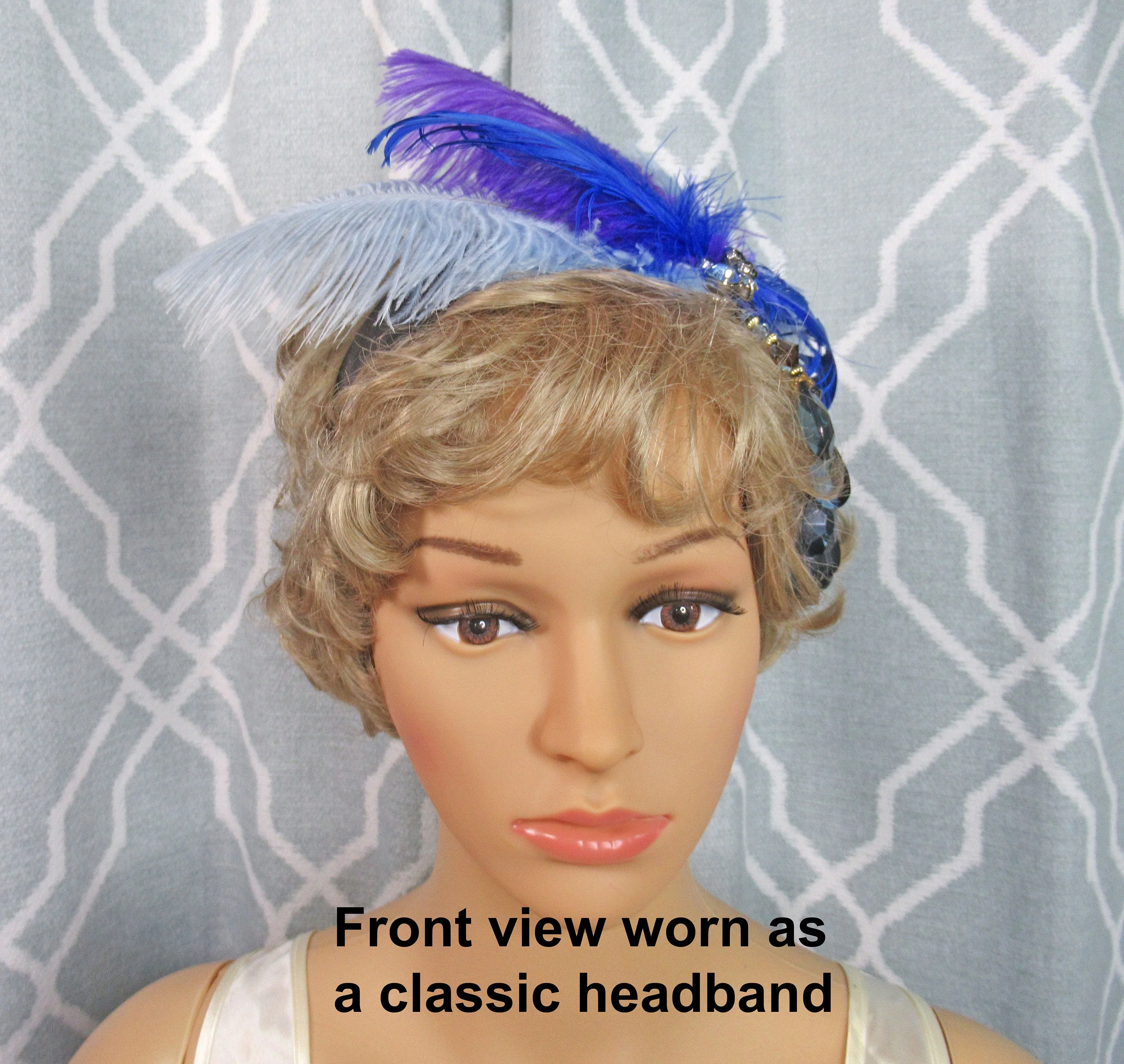 Flapper Style Headband with Dangling Strands of Beads On Left Side Top of Dark and Light Blue Purple Feathers 20s Inspired Glam Headpiece - Image 6