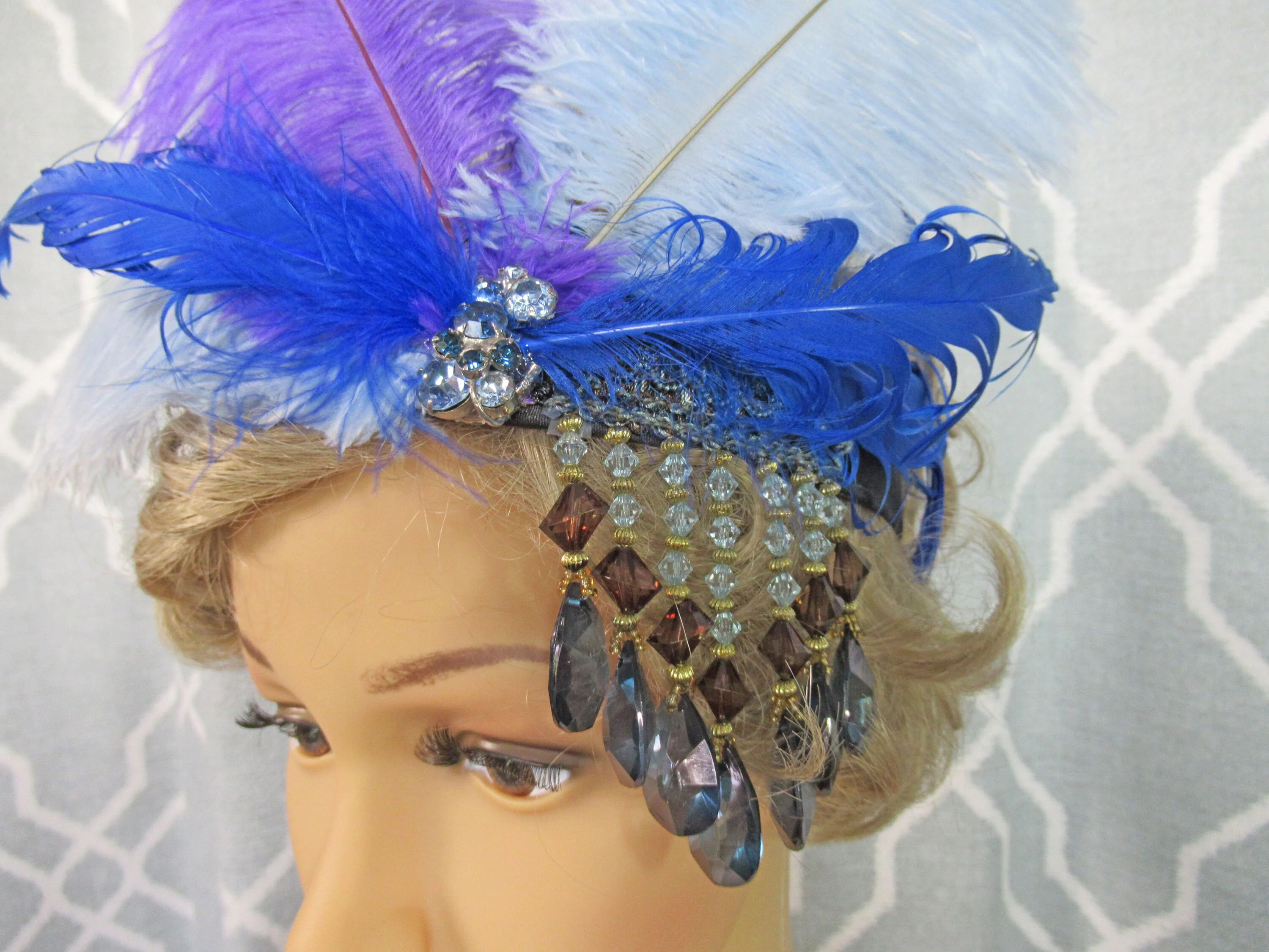 Flapper Style Headband with Dangling Strands of Beads On Left Side Top of Dark and Light Blue Purple Feathers 20s Inspired Glam Headpiece - Image 8