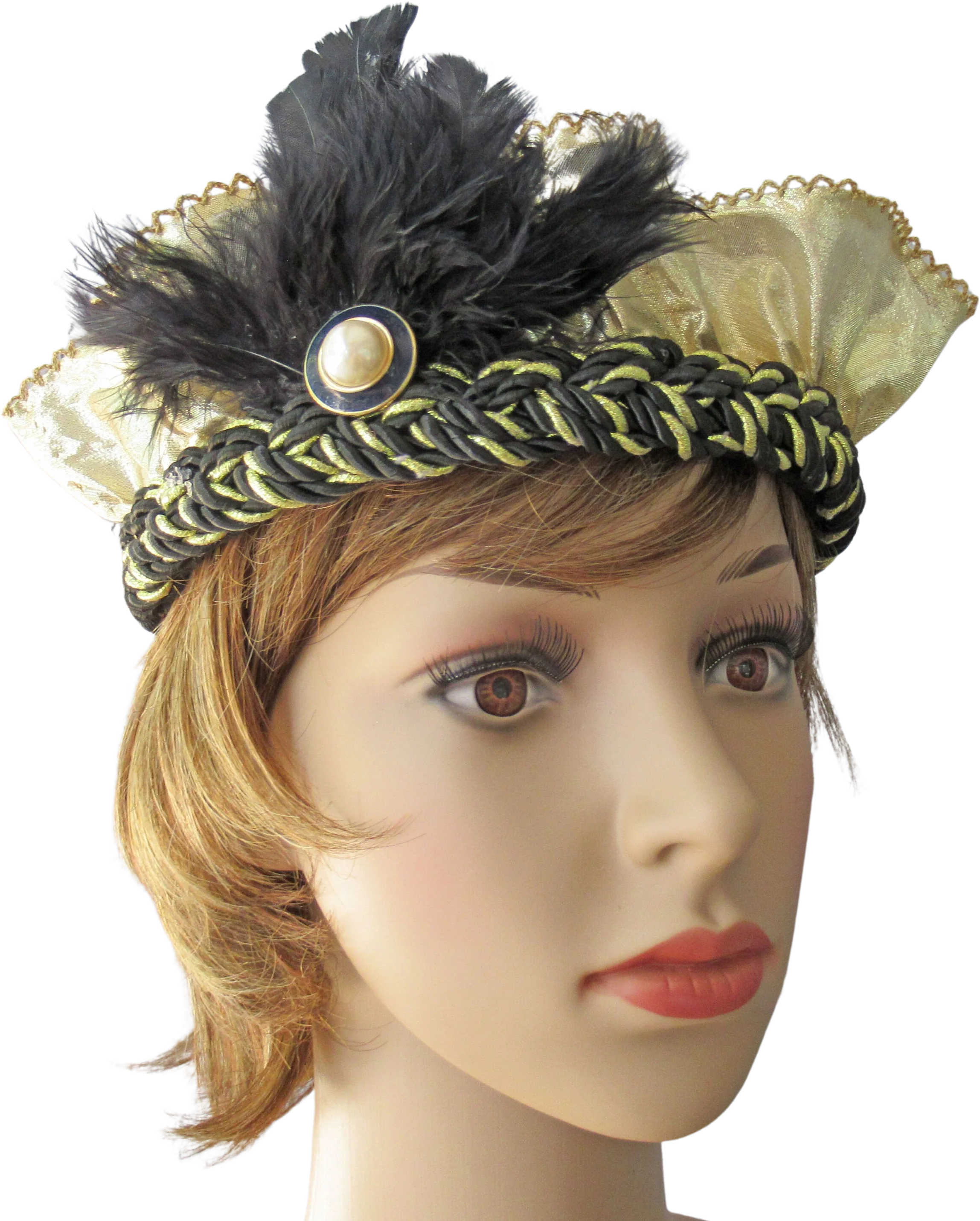 Flapper Style Softly Ruffled Gold Lame Fabric Headband On Blackgold Braid Band Faux White Pearl Brooch Wide Black Feathers