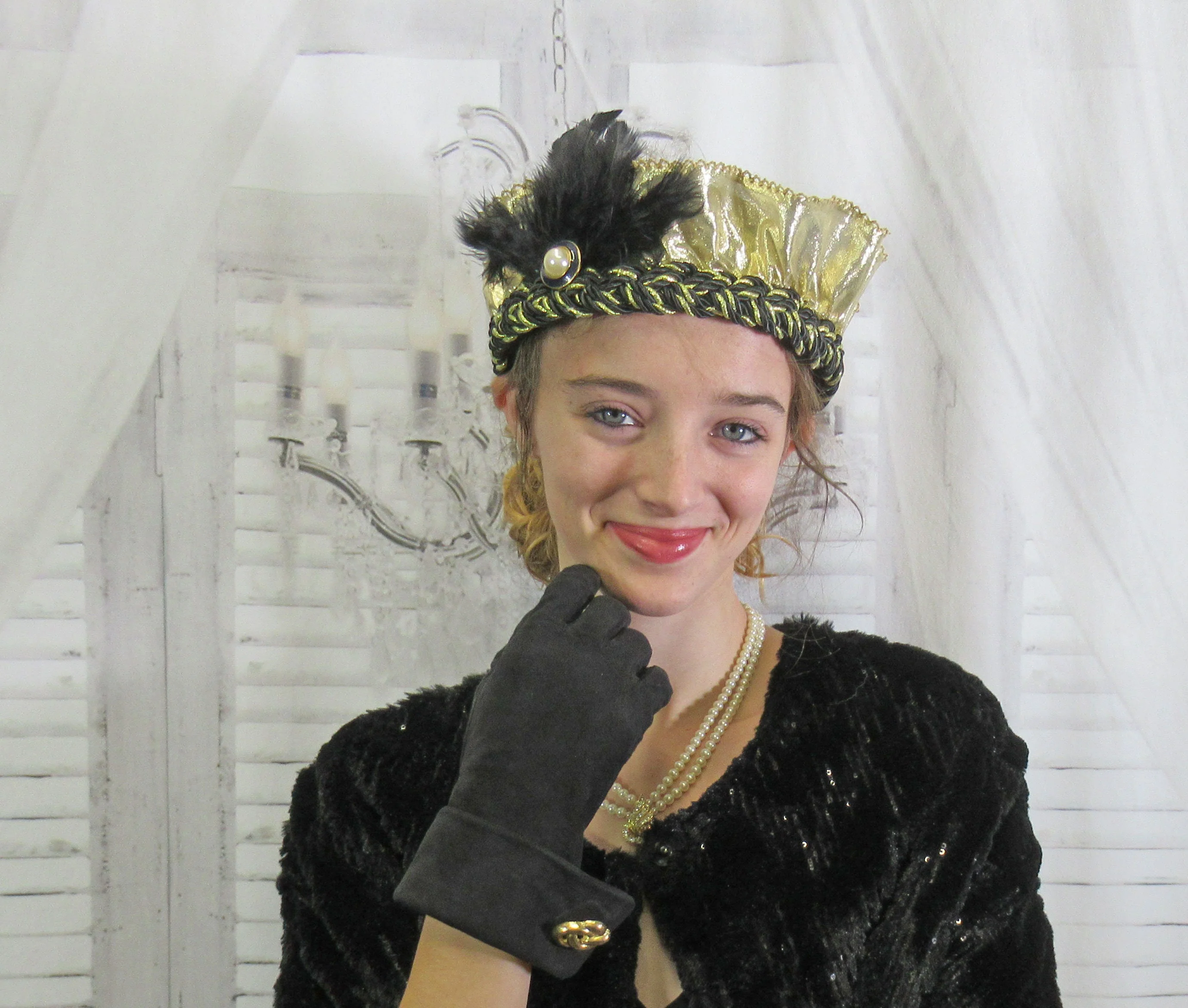 Flapper Style Softly Ruffled Gold Lame Fabric Headband On Blackgold Braid Band Faux White Pearl Brooch Wide Black Feathers - Image 10