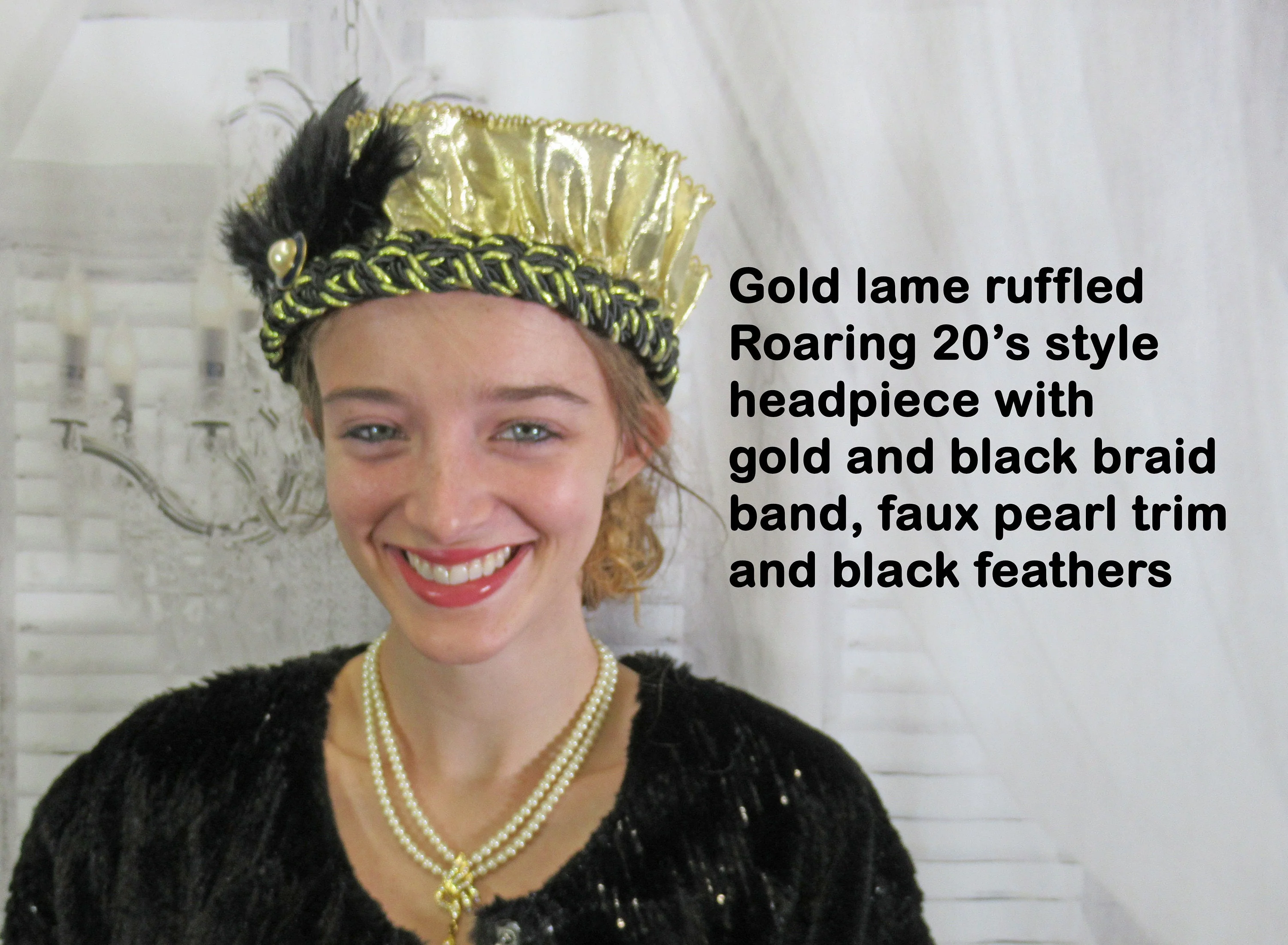 Flapper Style Softly Ruffled Gold Lame Fabric Headband On Blackgold Braid Band Faux White Pearl Brooch Wide Black Feathers - Image 3
