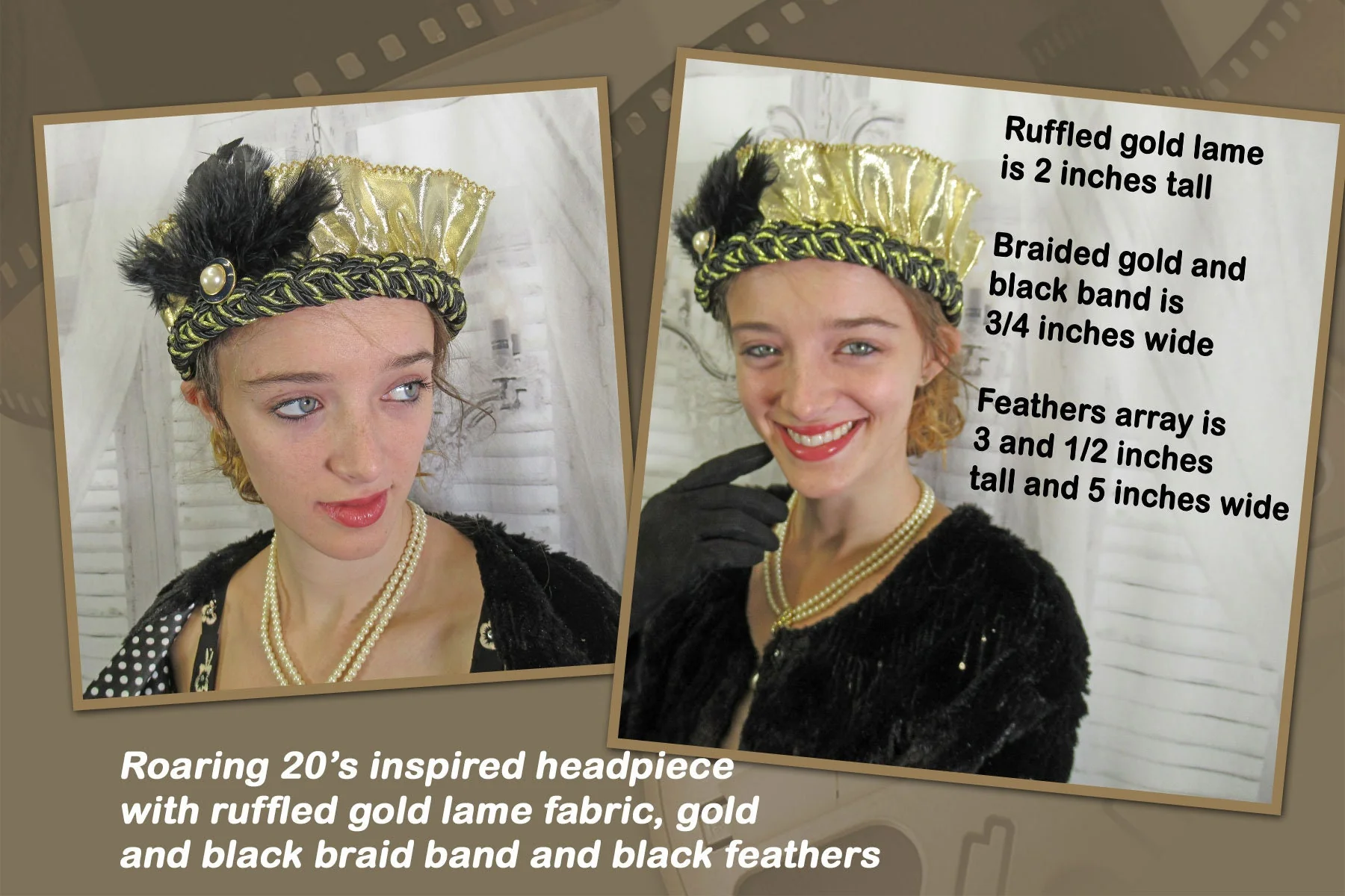 Flapper Style Softly Ruffled Gold Lame Fabric Headband On Blackgold Braid Band Faux White Pearl Brooch Wide Black Feathers - Image 5