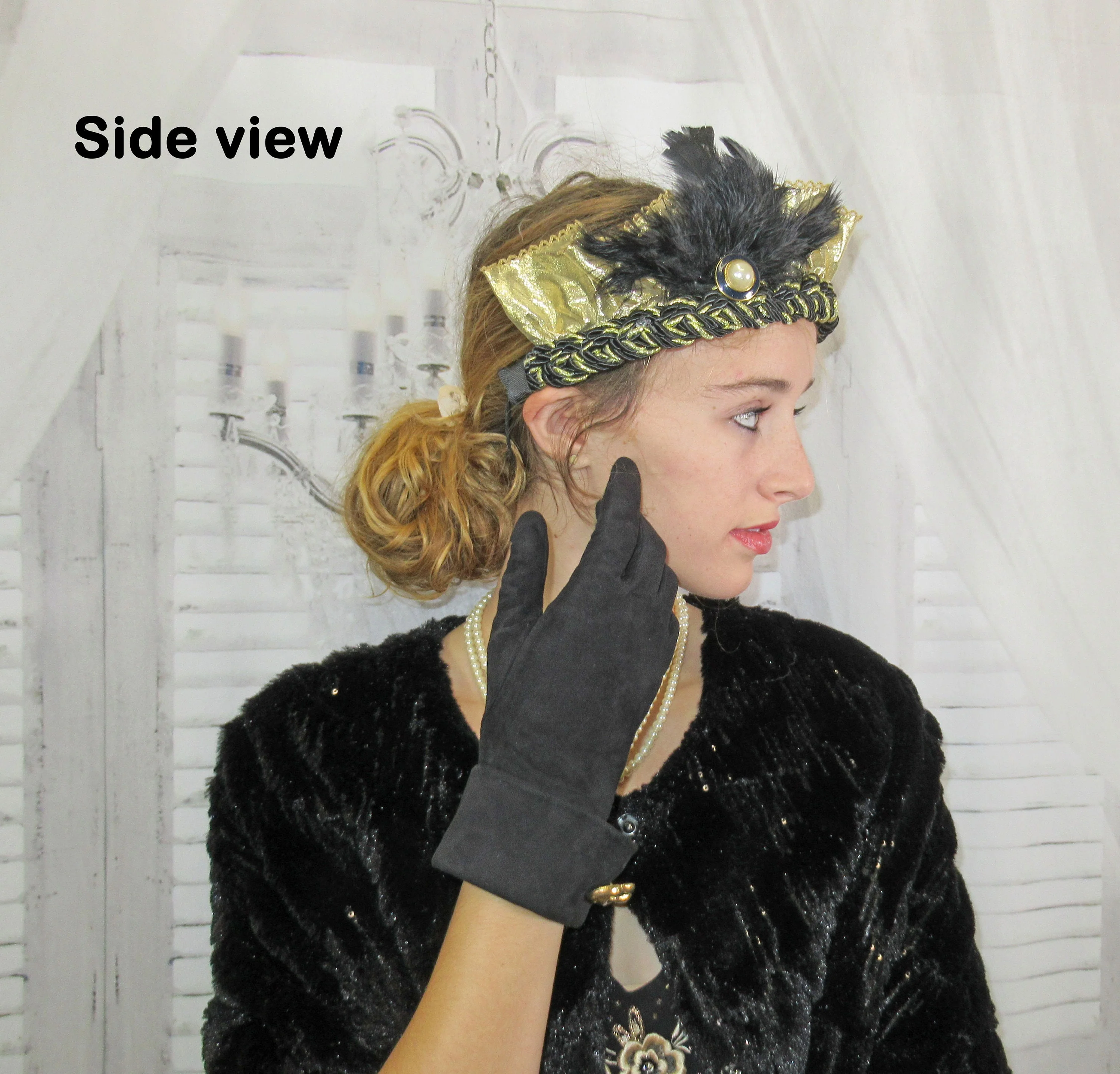 Flapper Style Softly Ruffled Gold Lame Fabric Headband On Blackgold Braid Band Faux White Pearl Brooch Wide Black Feathers - Image 6