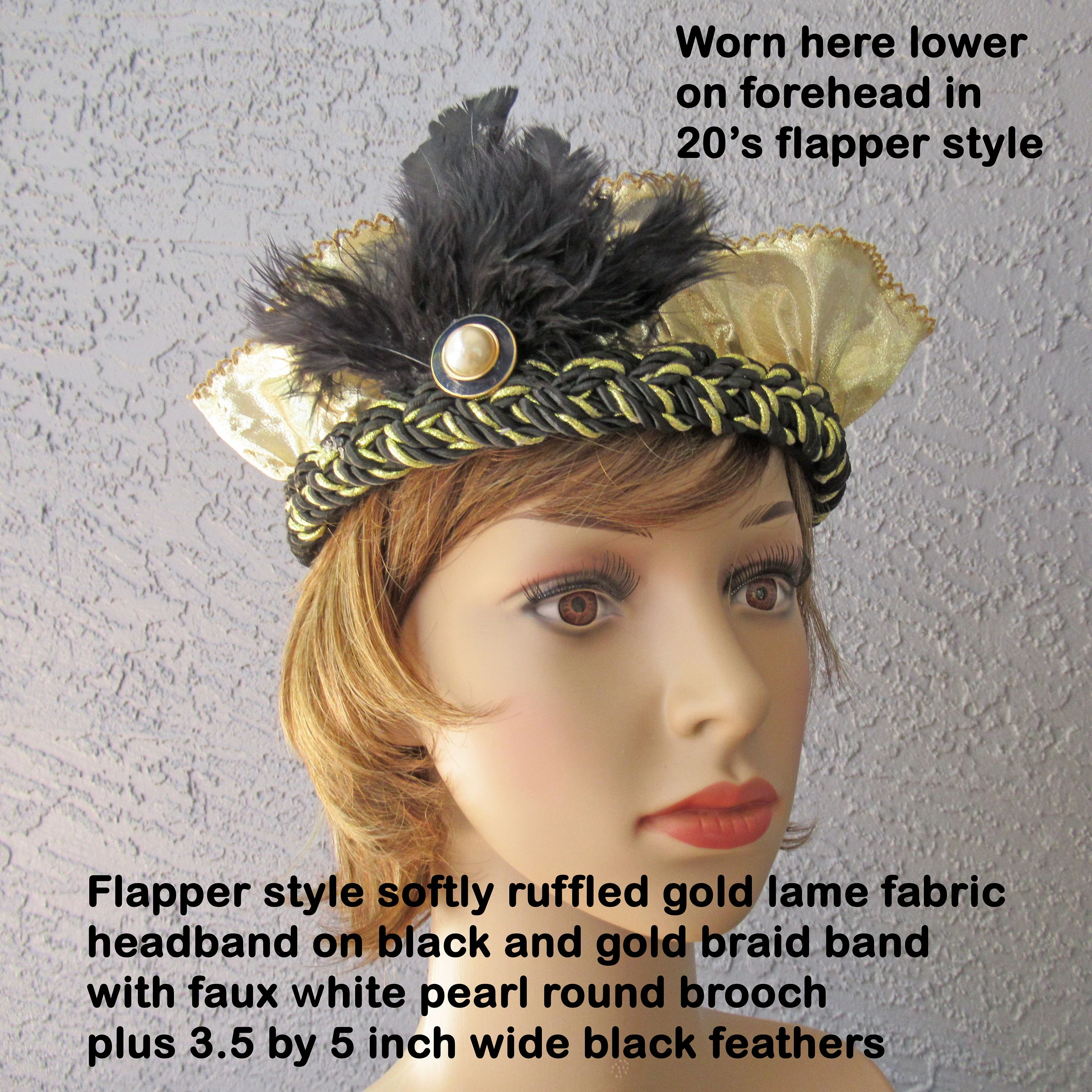 Flapper Style Softly Ruffled Gold Lame Fabric Headband On Blackgold Braid Band Faux White Pearl Brooch Wide Black Feathers - Image 7