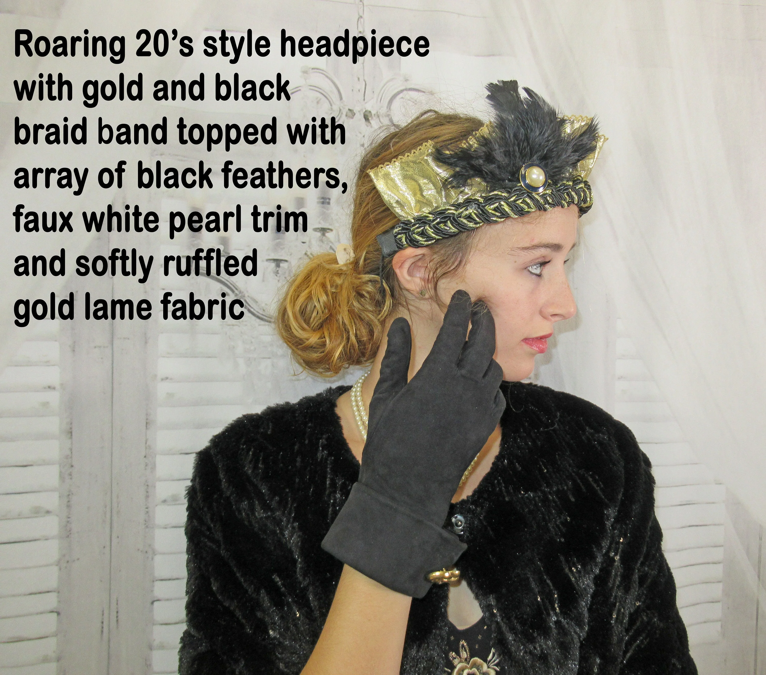 Flapper Style Softly Ruffled Gold Lame Fabric Headband On Blackgold Braid Band Faux White Pearl Brooch Wide Black Feathers - Image 8