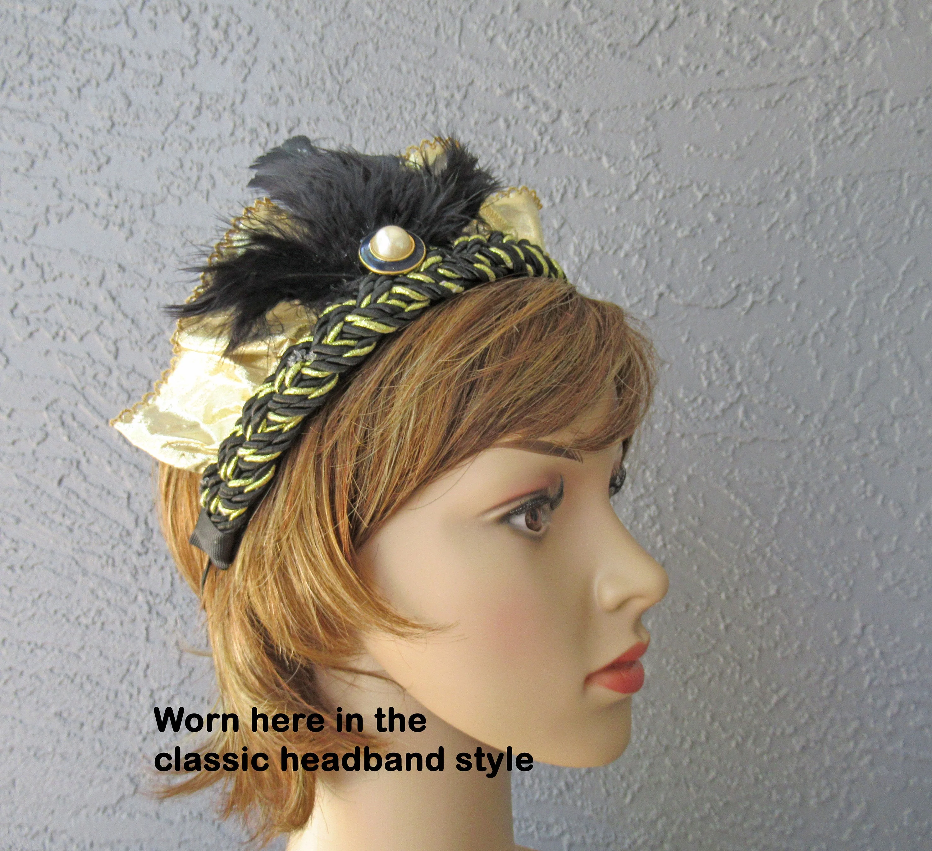 Flapper Style Softly Ruffled Gold Lame Fabric Headband On Blackgold Braid Band Faux White Pearl Brooch Wide Black Feathers - Image 9