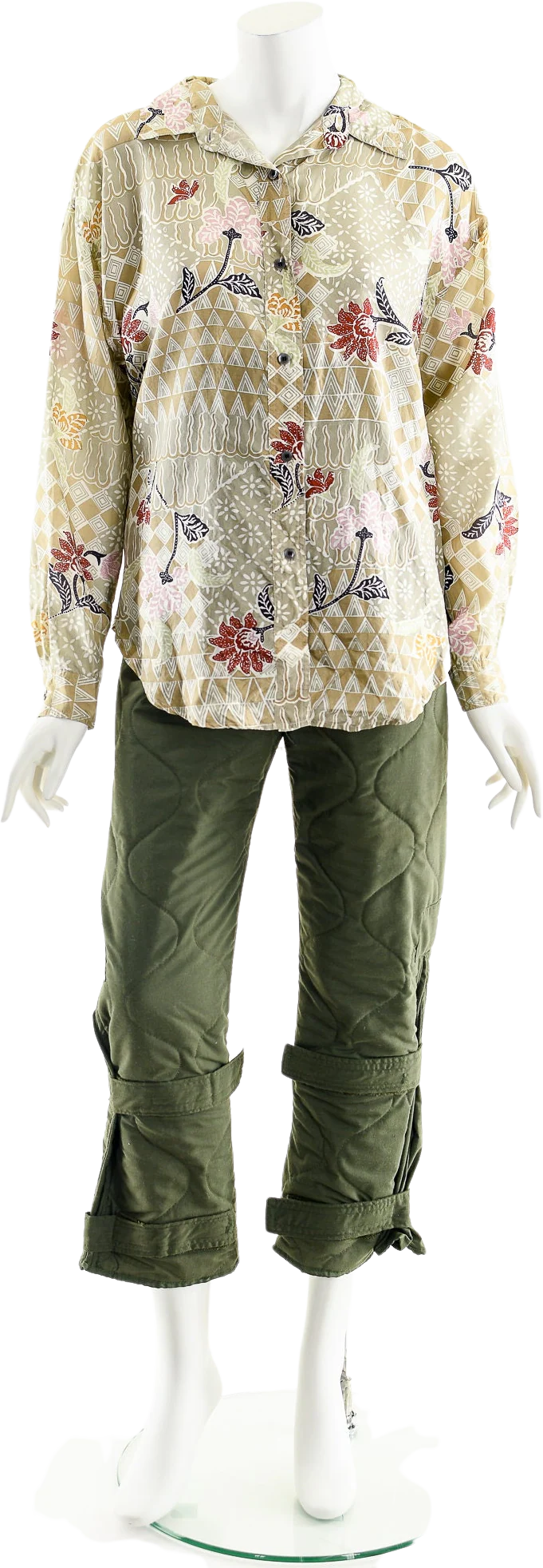 Floral Batik Print Silk Blouse Neutral Button Down
