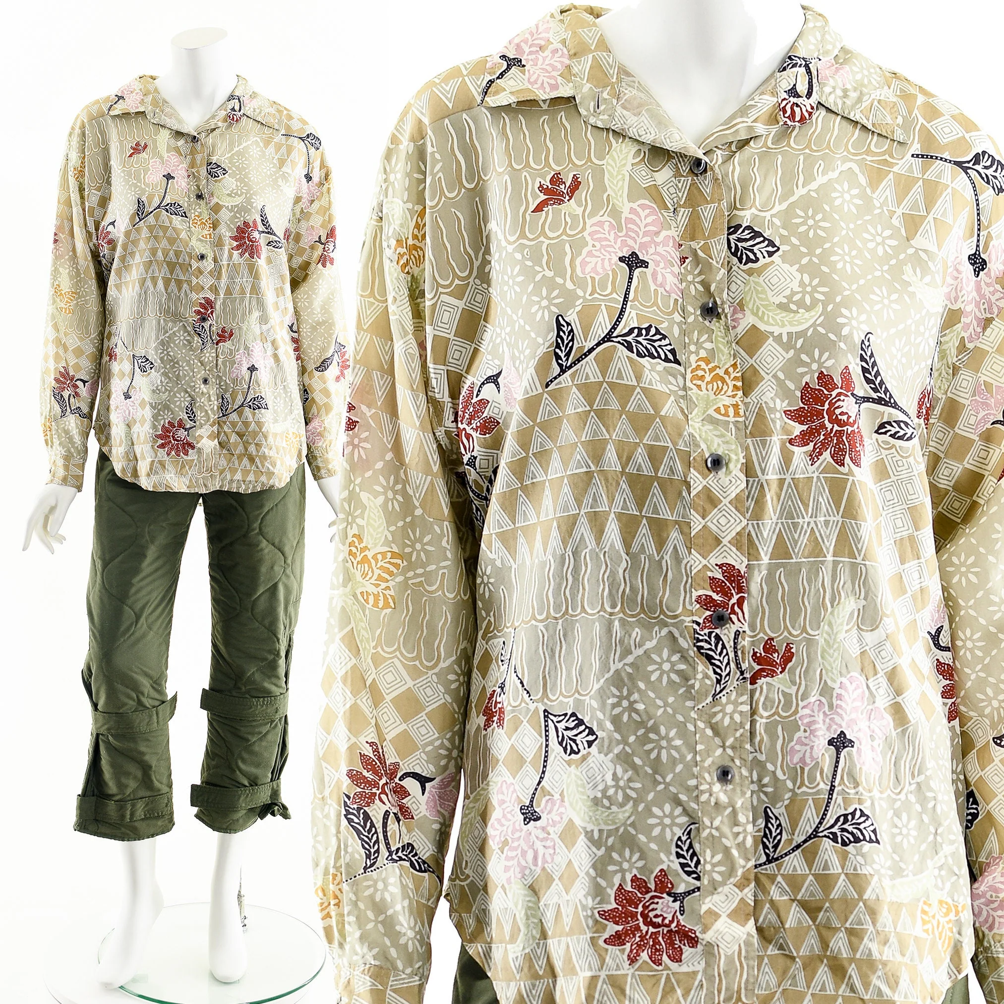 Floral Batik Print Silk Blouse Neutral Button Down - Image 3