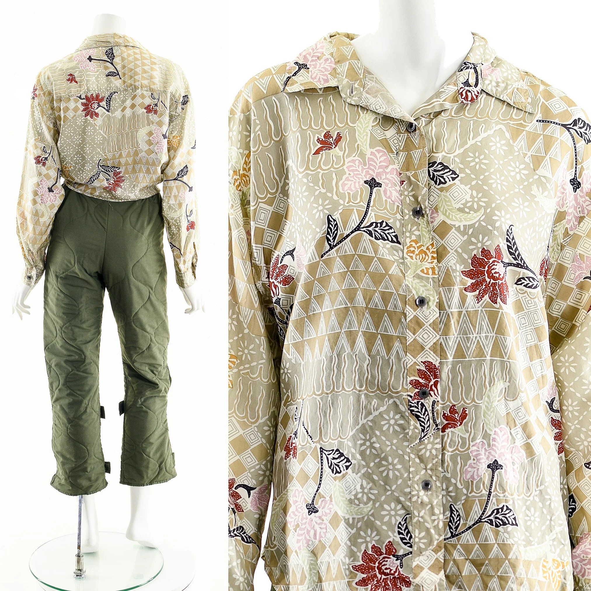 Floral Batik Print Silk Blouse Neutral Button Down - Image 4