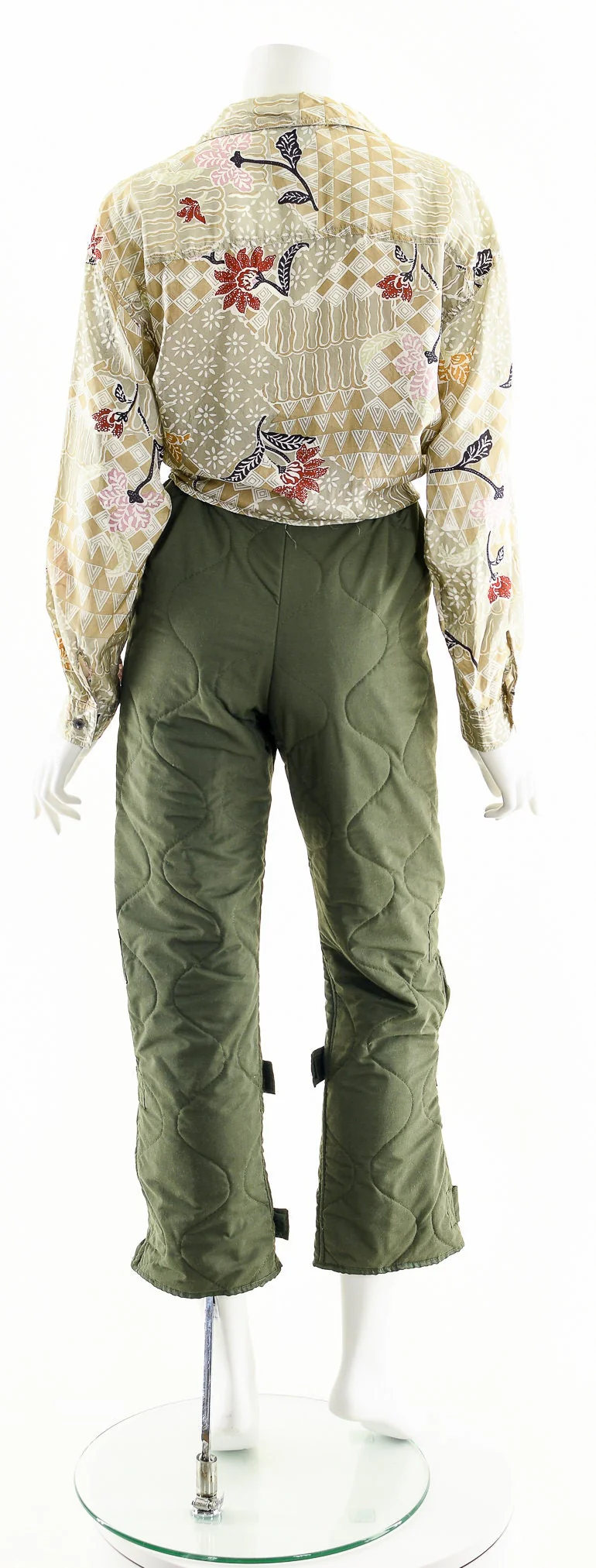 Floral Batik Print Silk Blouse Neutral Button Down - Image 8