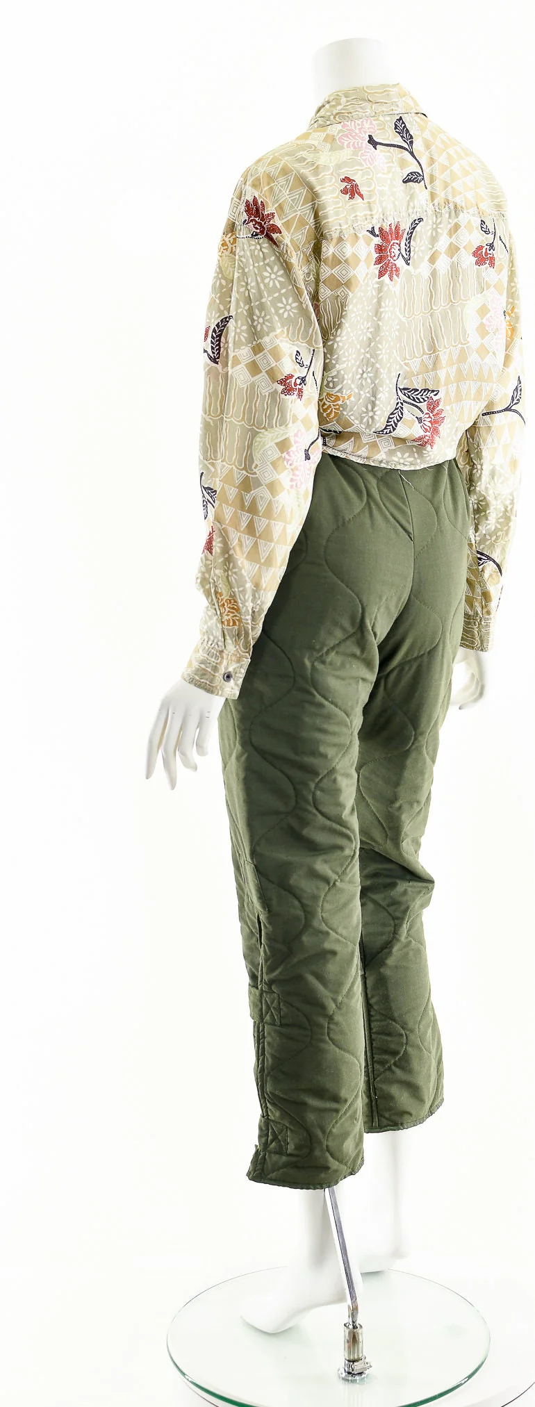 Floral Batik Print Silk Blouse Neutral Button Down - Image 9