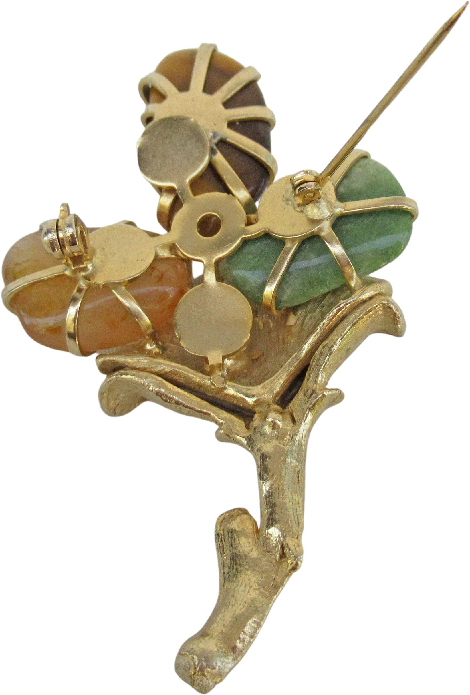 Floral Brooch On Gold Tone Metal Stem Faux White Pearl 2 Colors of Natural Agate and Tiger Eye Prong Set Beads