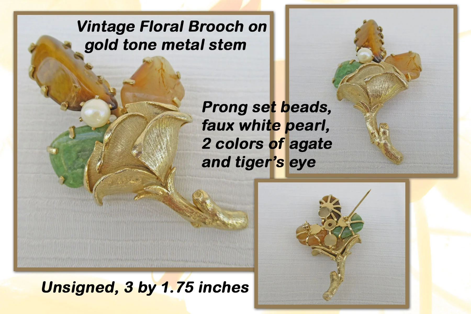 Floral Brooch On Gold Tone Metal Stem Faux White Pearl 2 Colors of Natural Agate and Tiger Eye Prong Set Beads - Image 2