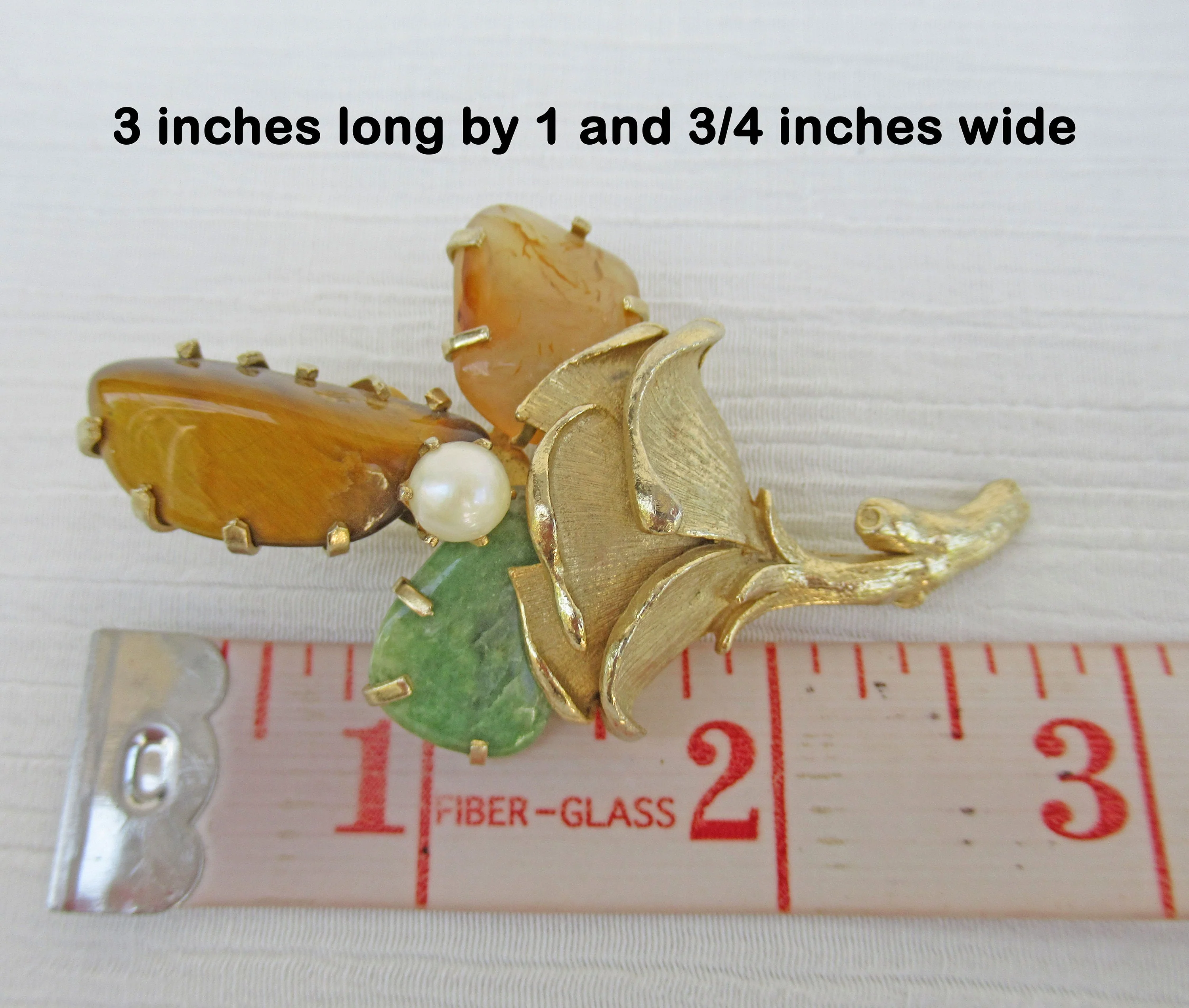 Floral Brooch On Gold Tone Metal Stem Faux White Pearl 2 Colors of Natural Agate and Tiger Eye Prong Set Beads - Image 3