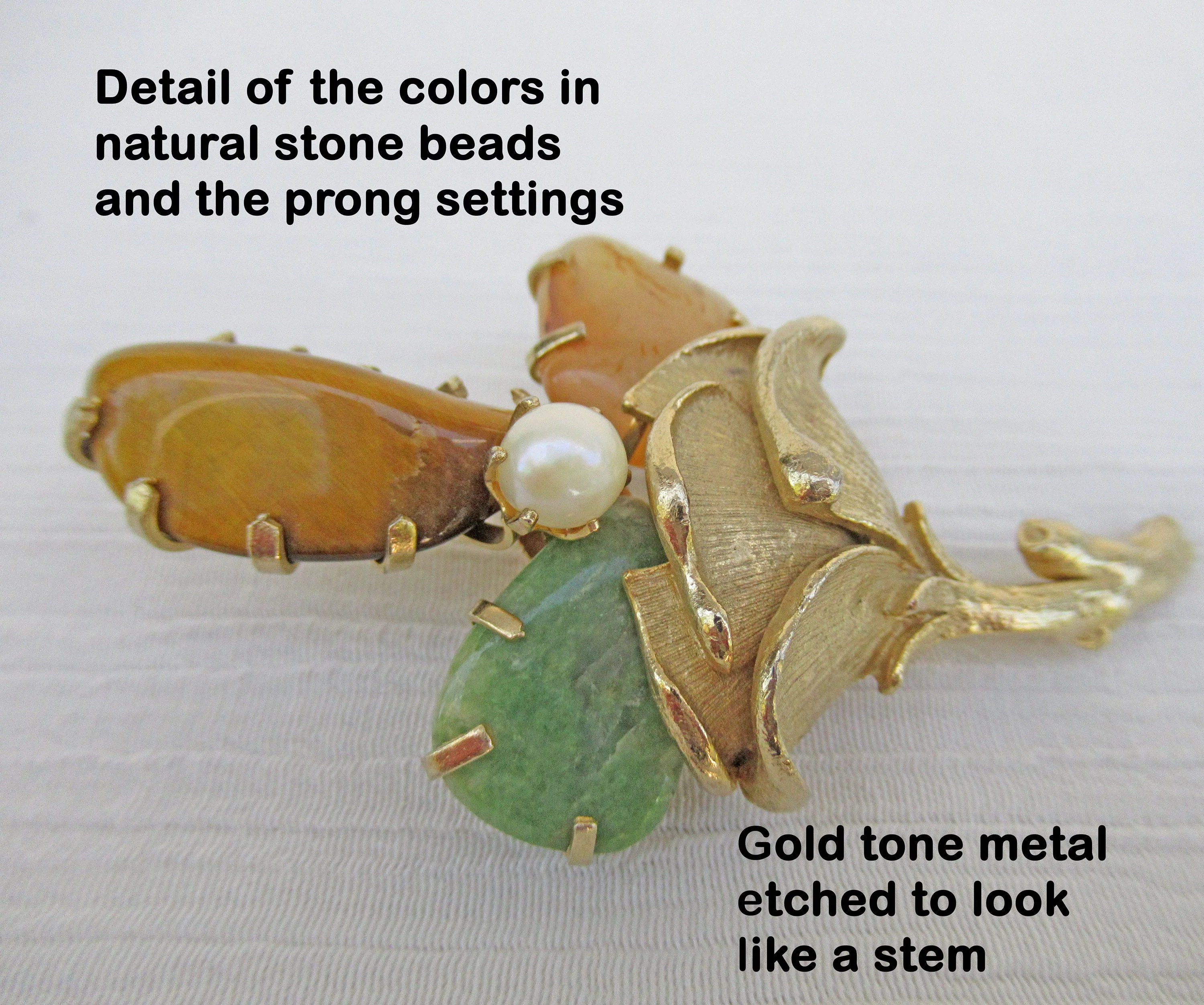 Floral Brooch On Gold Tone Metal Stem Faux White Pearl 2 Colors of Natural Agate and Tiger Eye Prong Set Beads - Image 4